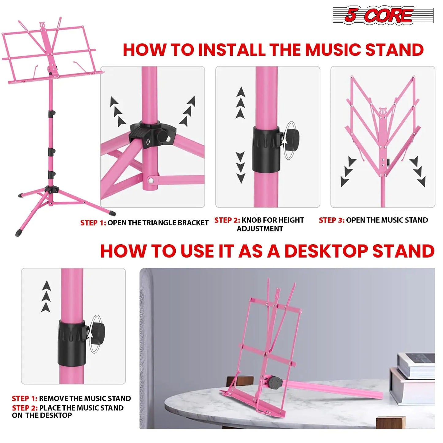 Suporte de Música 5Core para Partituras, Portátil, Tripé Ajustável, Dobrável, com Porta-Partituras e Luz, Rosa WEM Support (www.WEM.support)