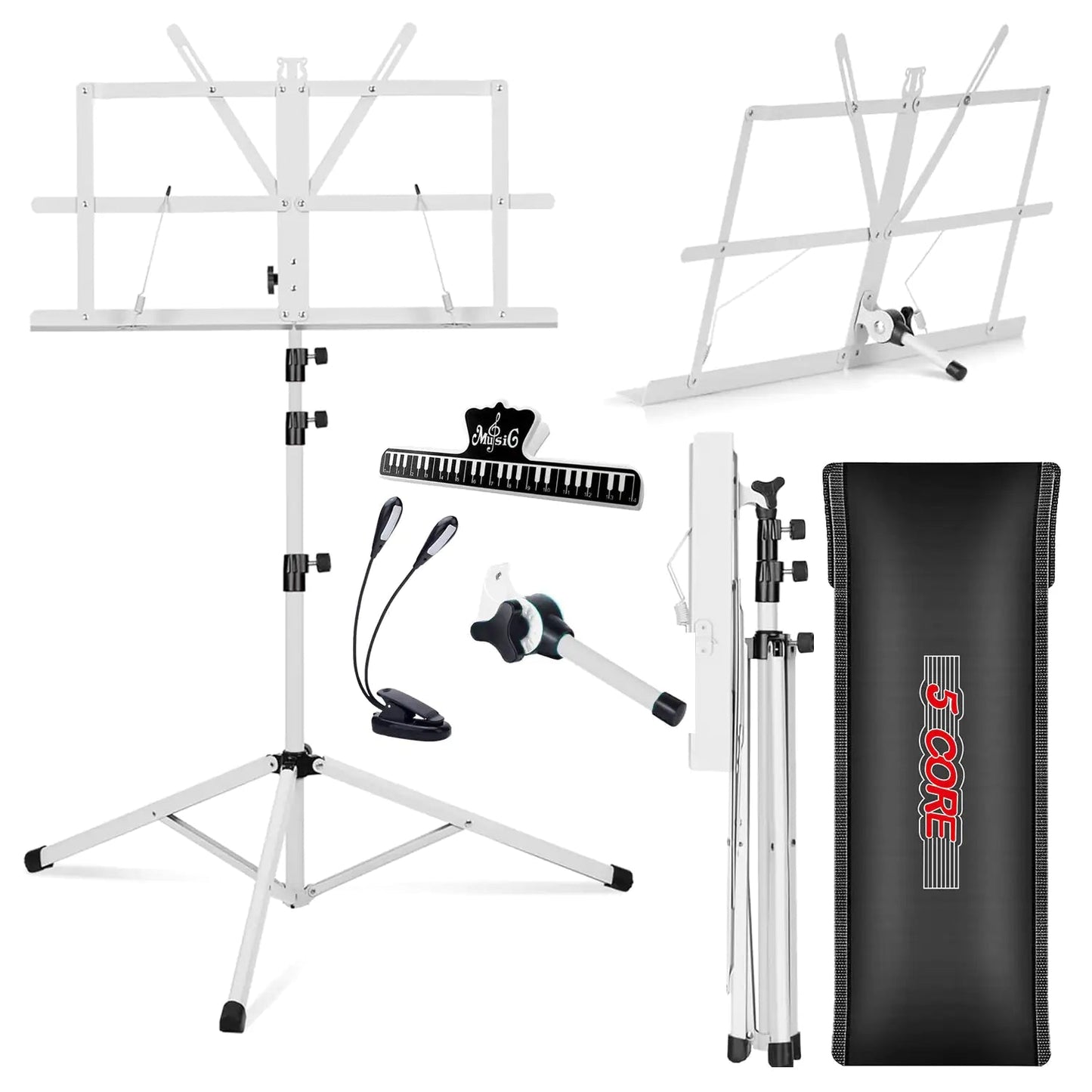 Suporte de Música 5Core para Partituras Portátil Tripé Ajustável Dobrável com Luz Branca WEM Support (www.WEM.support)