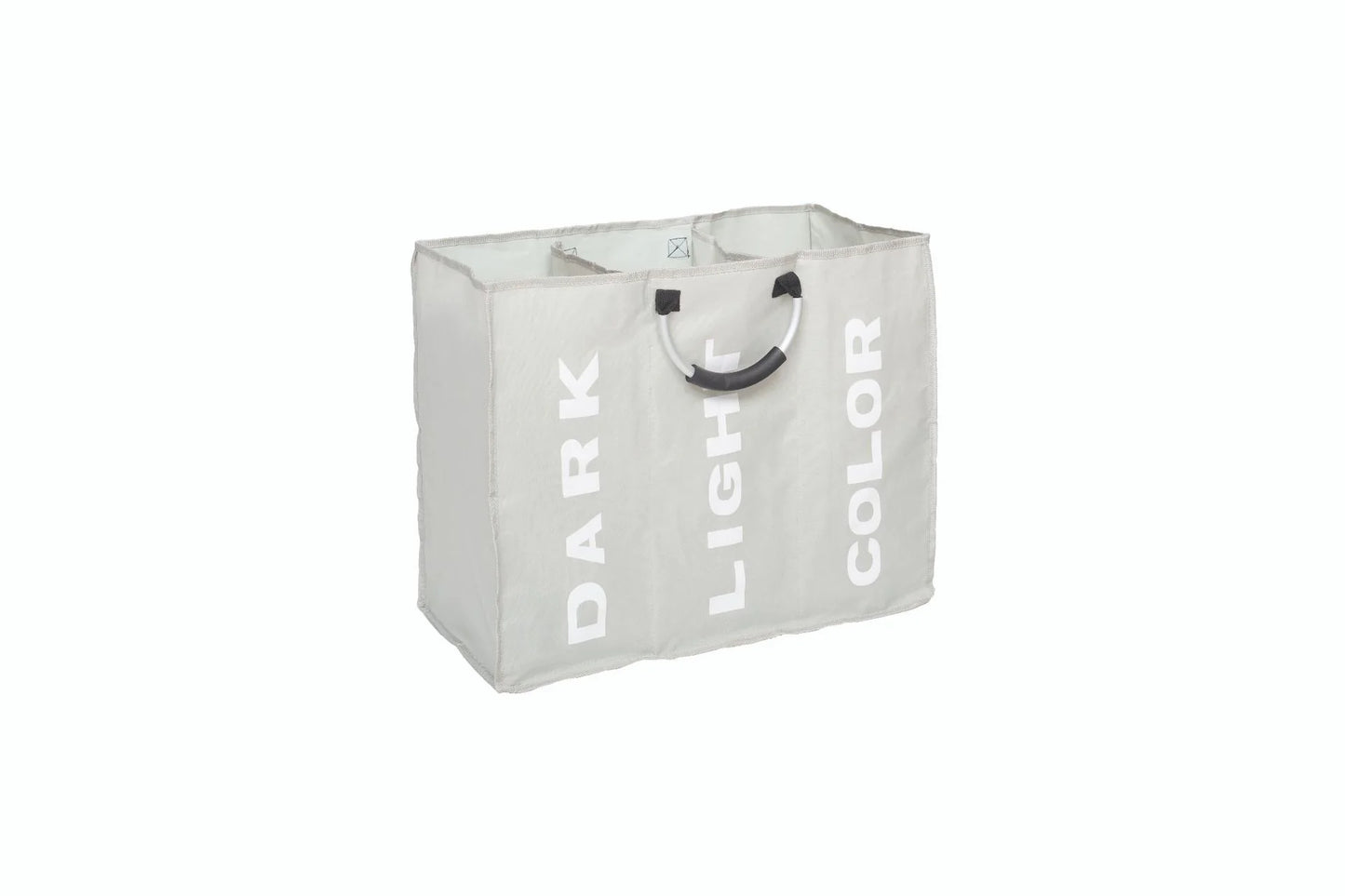 A large grey 3-compartment clothing bag with 'DARK', 'LIGHT', and 'COLOR' labels on it, featuring sturdy handles.