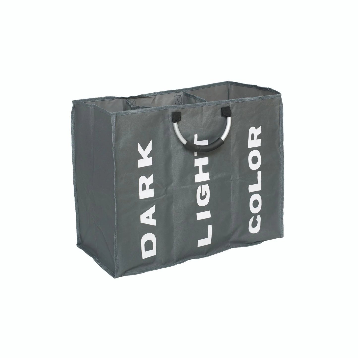 A large grey 3-compartment clothing bag with 'DARK', 'LIGHT', and 'COLOR' labels on it, featuring sturdy handles.