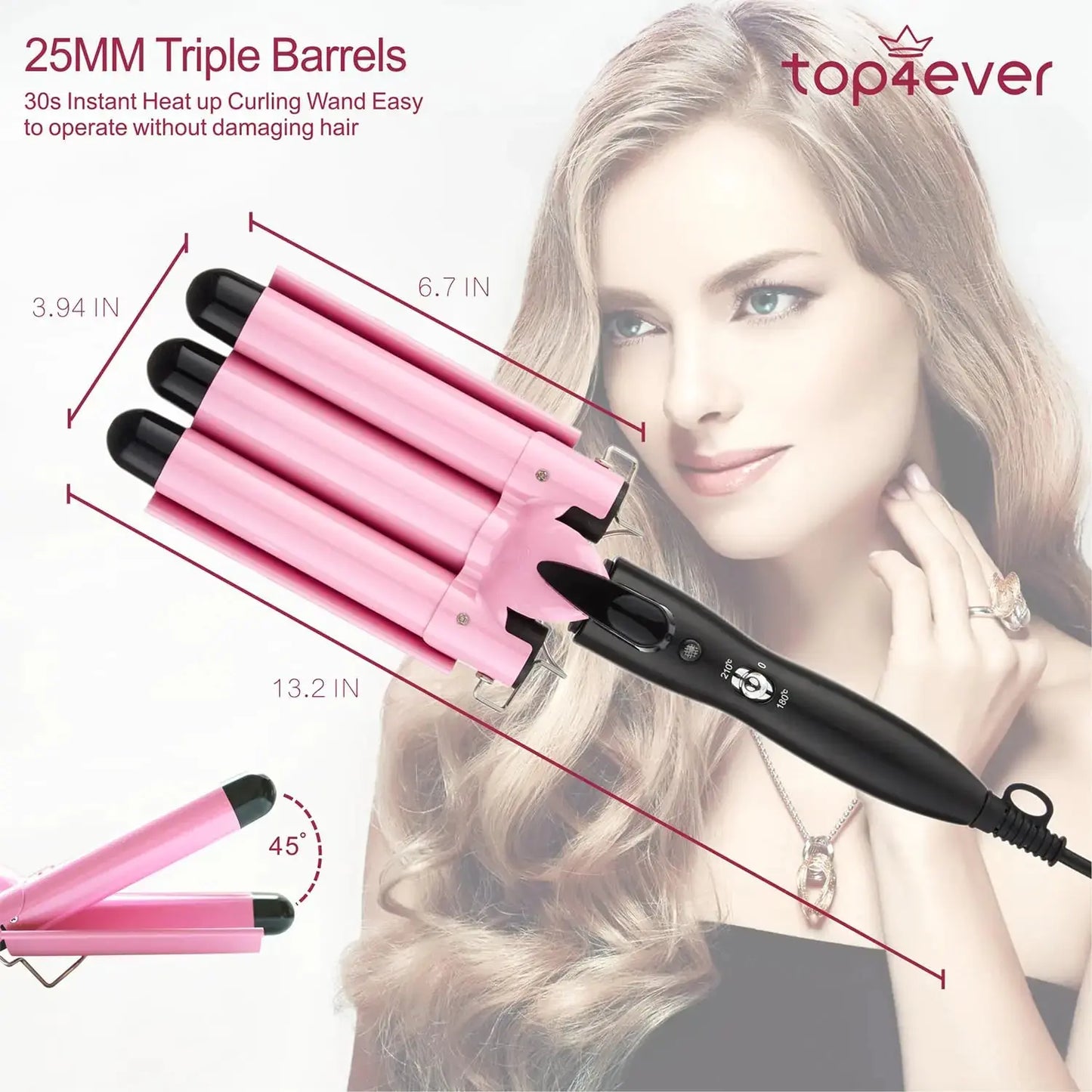 3 Barrel Curling Iron Hair Crimper, TOP4EVER 25mm(1 inch ) Professional Hair Curling Wand with Two Temperature Control,Fast Heating Portable Crimpers for Waving Hair (Pink) My Store