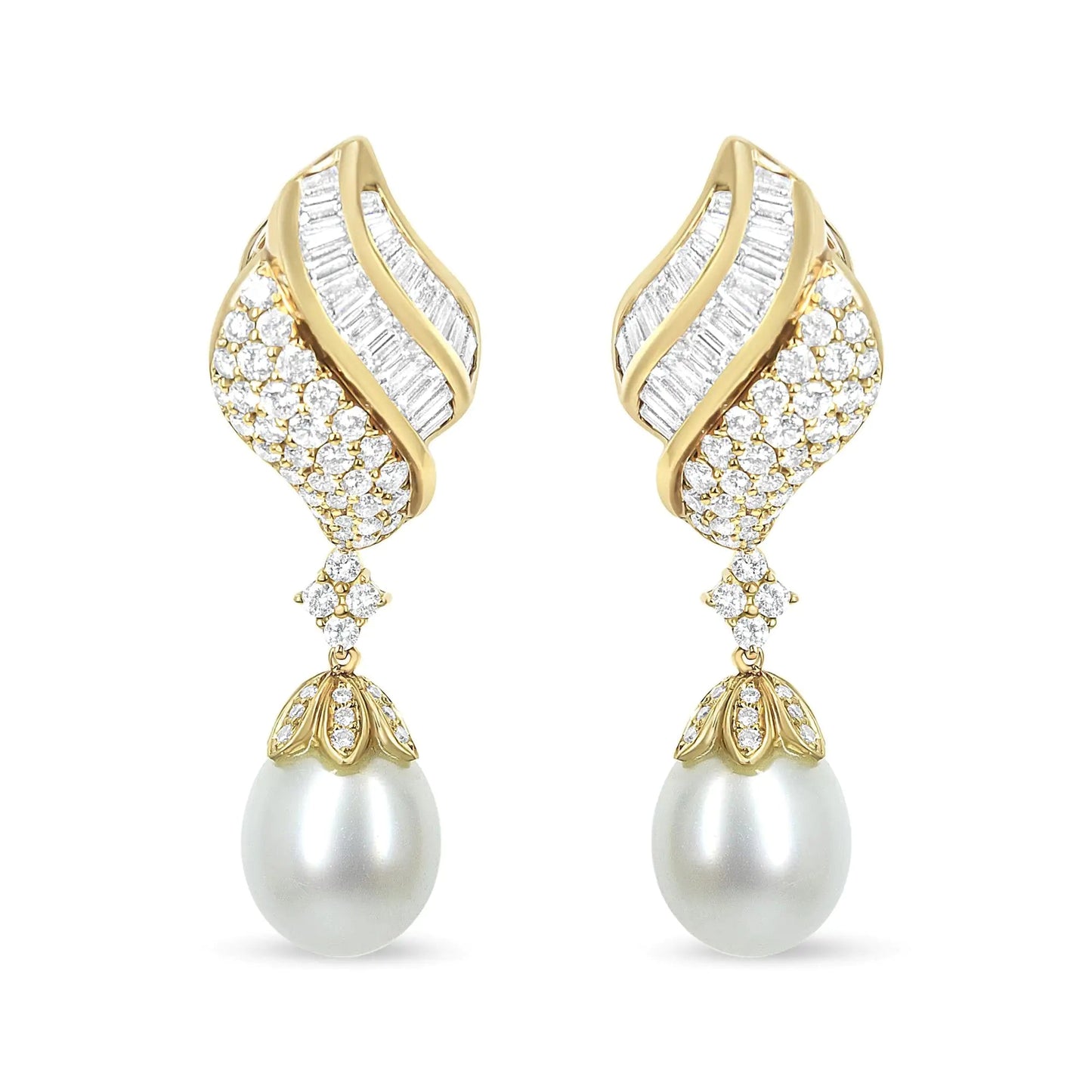 18k Yellow Gold 7.0 Cttw Baguette and Round Diamond South Sea Pearl Drop Dangle Clip-On Earrings (F-G Color, VS1-VS2 Clarity) WEM Support (www.WEM.support)