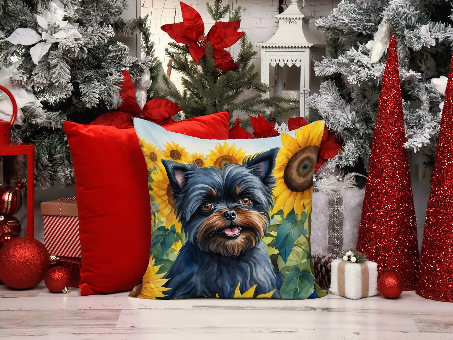 Affenpinscher in Sunflowers Throw Pillow WEM Support (www.WEM.support)