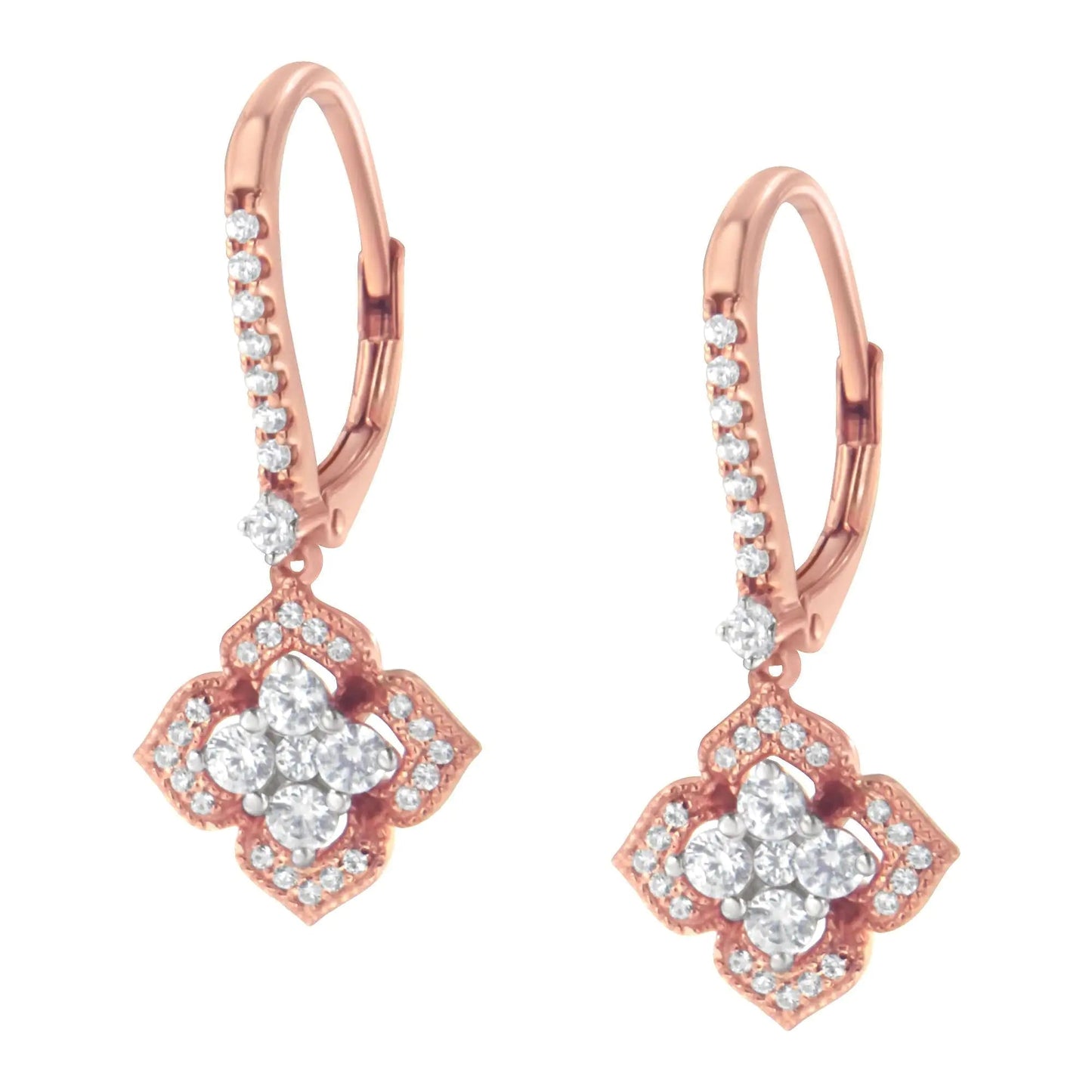 10K Rose Gold 3/4 Cttw Diamond Flower Drop Dangle Earring (I-J Color, I1-I2 Clarity) WEM Support (www.WEM.support)