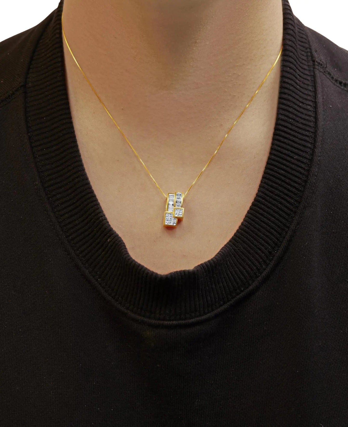 14K Yellow Gold 1 1/2 cttw Princess and Baguette Cut Diamond Geometric Pendant Necklace (H-I Color, VS1-VS2 Clarity) WEM Support (www.WEM.support)