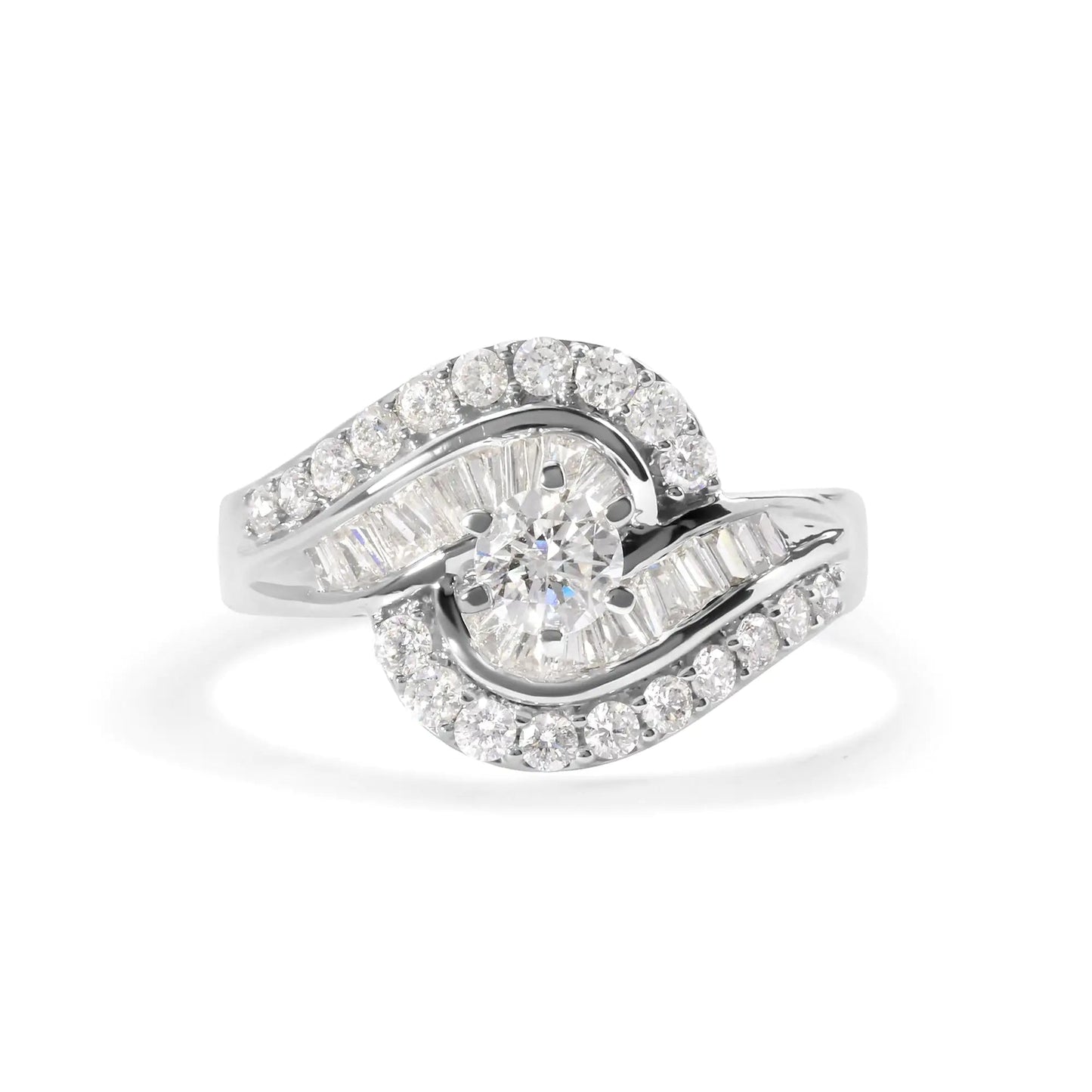 14K White Gold 1.00 Cttw Round and Baguette cut Diamond Swirl Cocktail Ring (H-I Color, SI2-I1 Clarity) WEM Support (www.WEM.support)
