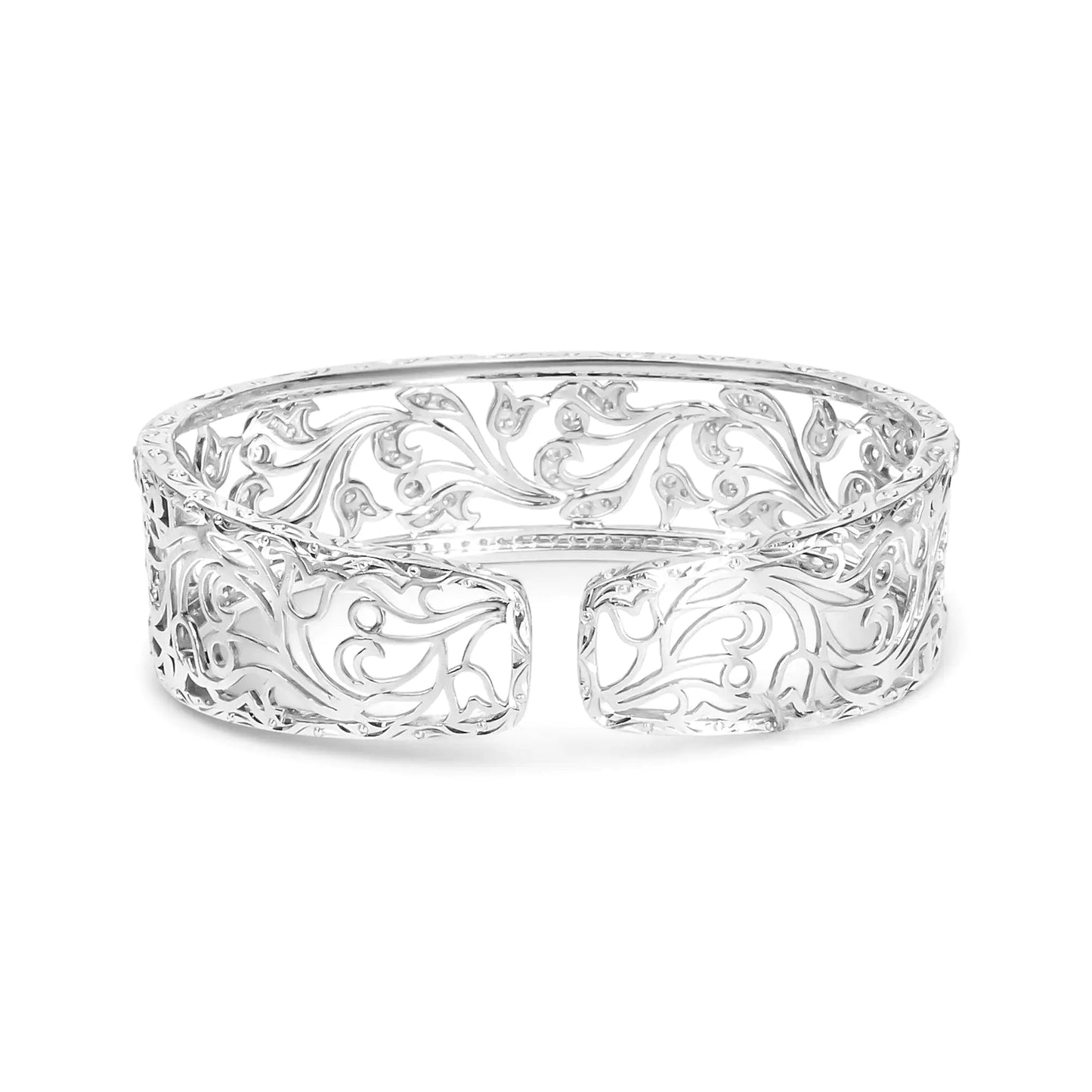 18K White Gold 3 1/4 Cttw Pave Diamond Openwork Floral Filigree Swirl Bangle Cuff Bracelet (H-I Color, VS2-SI1 Clarity) WEM Support (www.WEM.support)