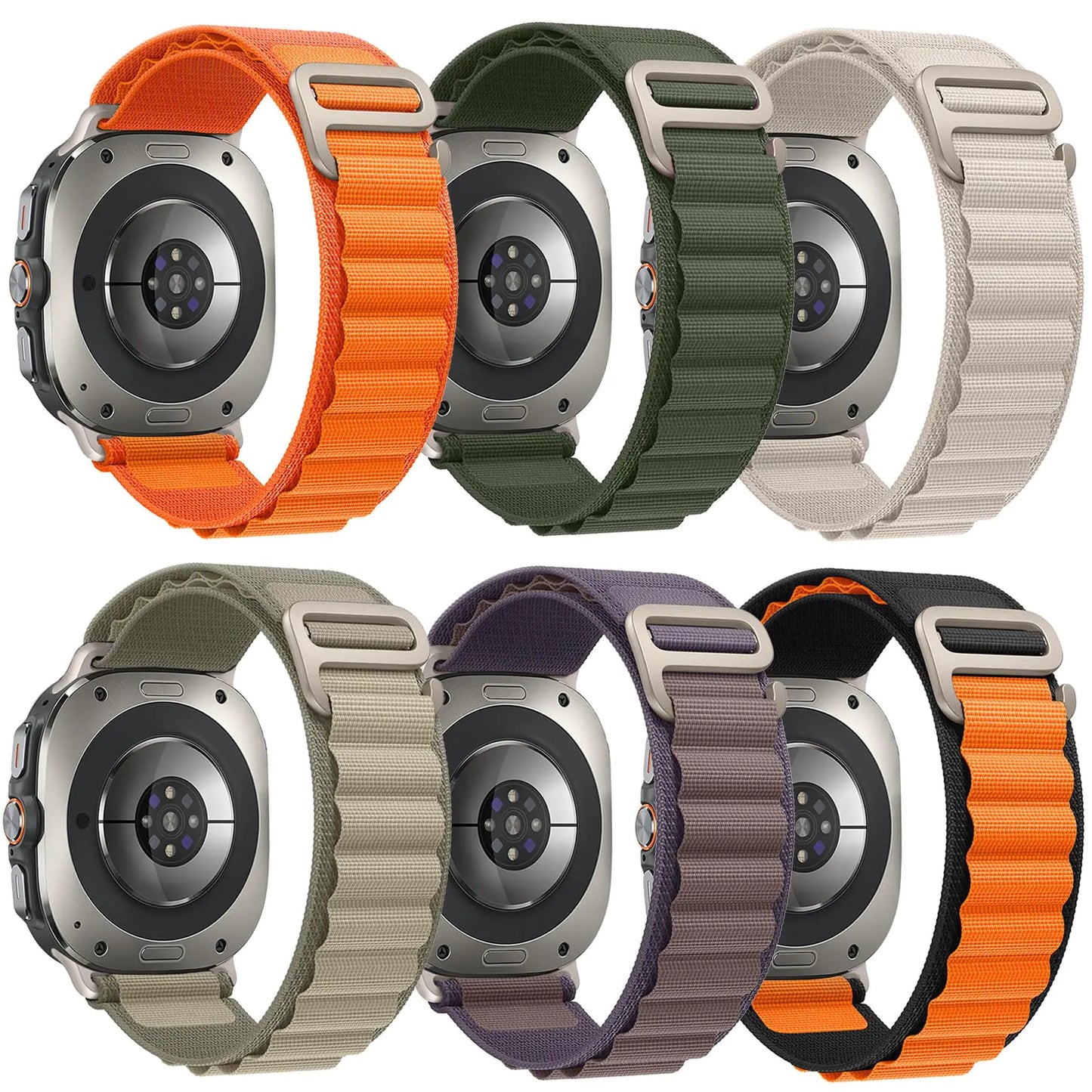 A collection of six nylon watch bands in various colors, designed to be compatible with Apple Watches.