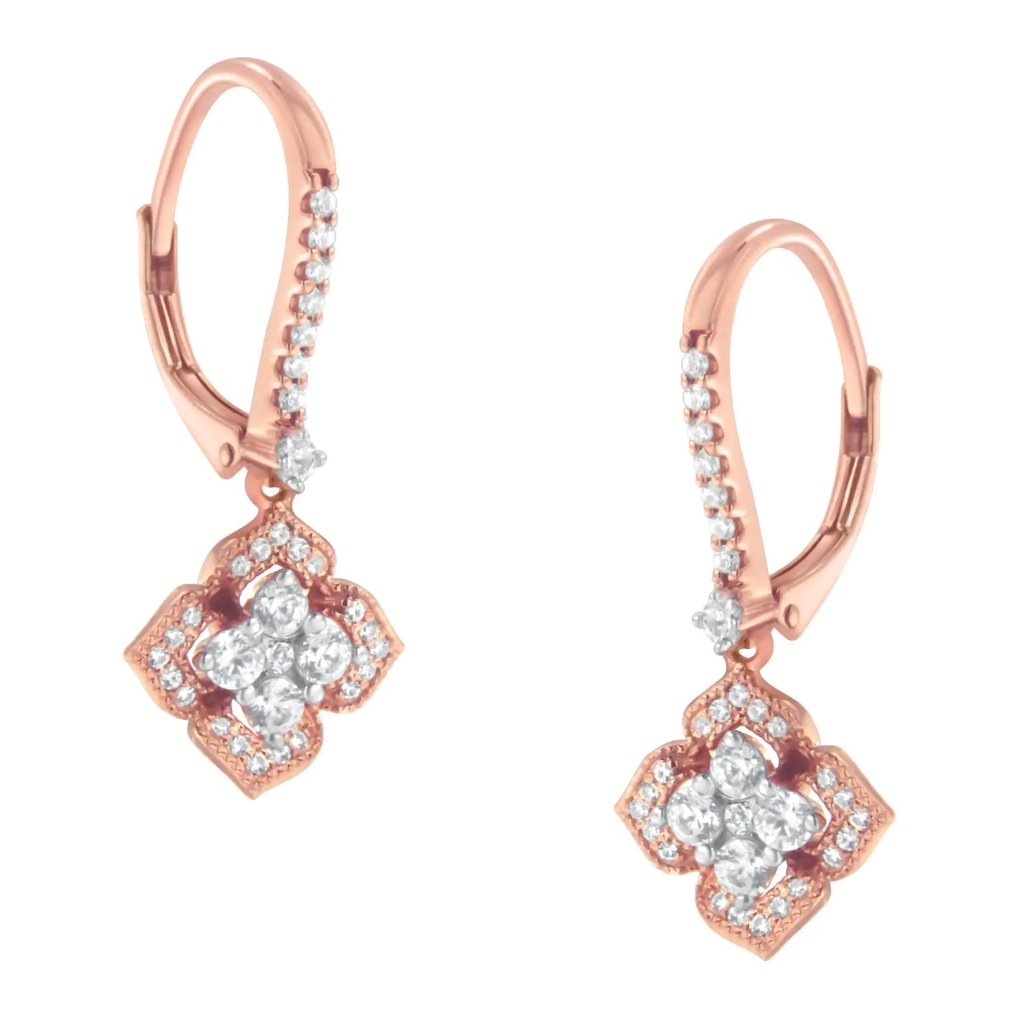10K Rose Gold 3/4 Cttw Diamond Flower Drop Dangle Earring (I-J Color, I1-I2 Clarity) WEM Support (www.WEM.support)