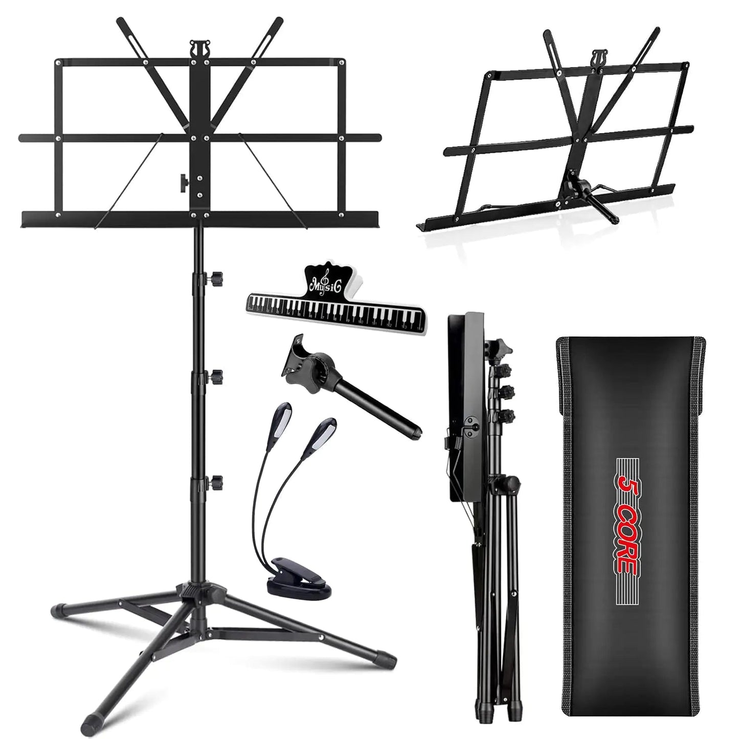 Suporte de Música 5Core Para Partituras Portátil Tripé Ajustável Dobrável com Luz Suporte para Notas PRETO WEM Support (www.WEM.support)