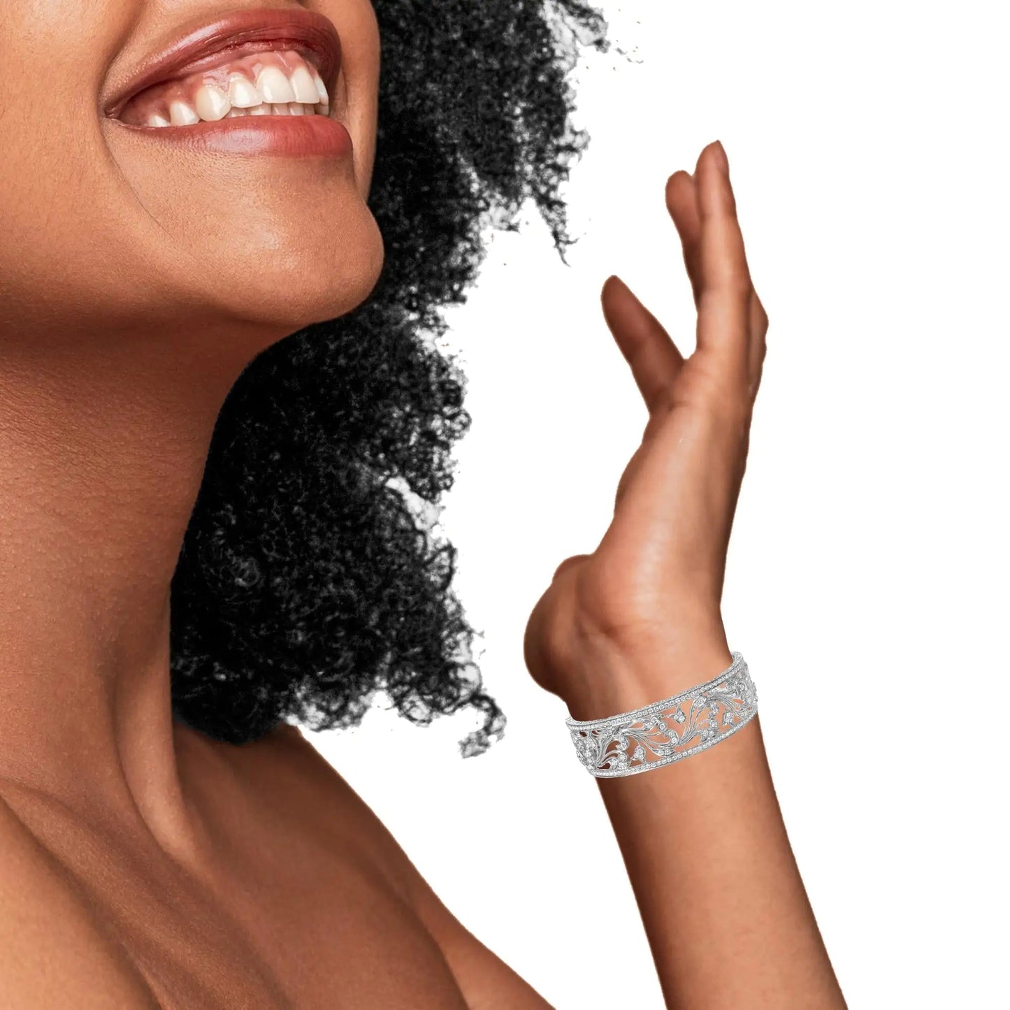 18K White Gold 3 1/4 Cttw Pave Diamond Openwork Floral Filigree Swirl Bangle Cuff Bracelet (H-I Color, VS2-SI1 Clarity) WEM Support (www.WEM.support)
