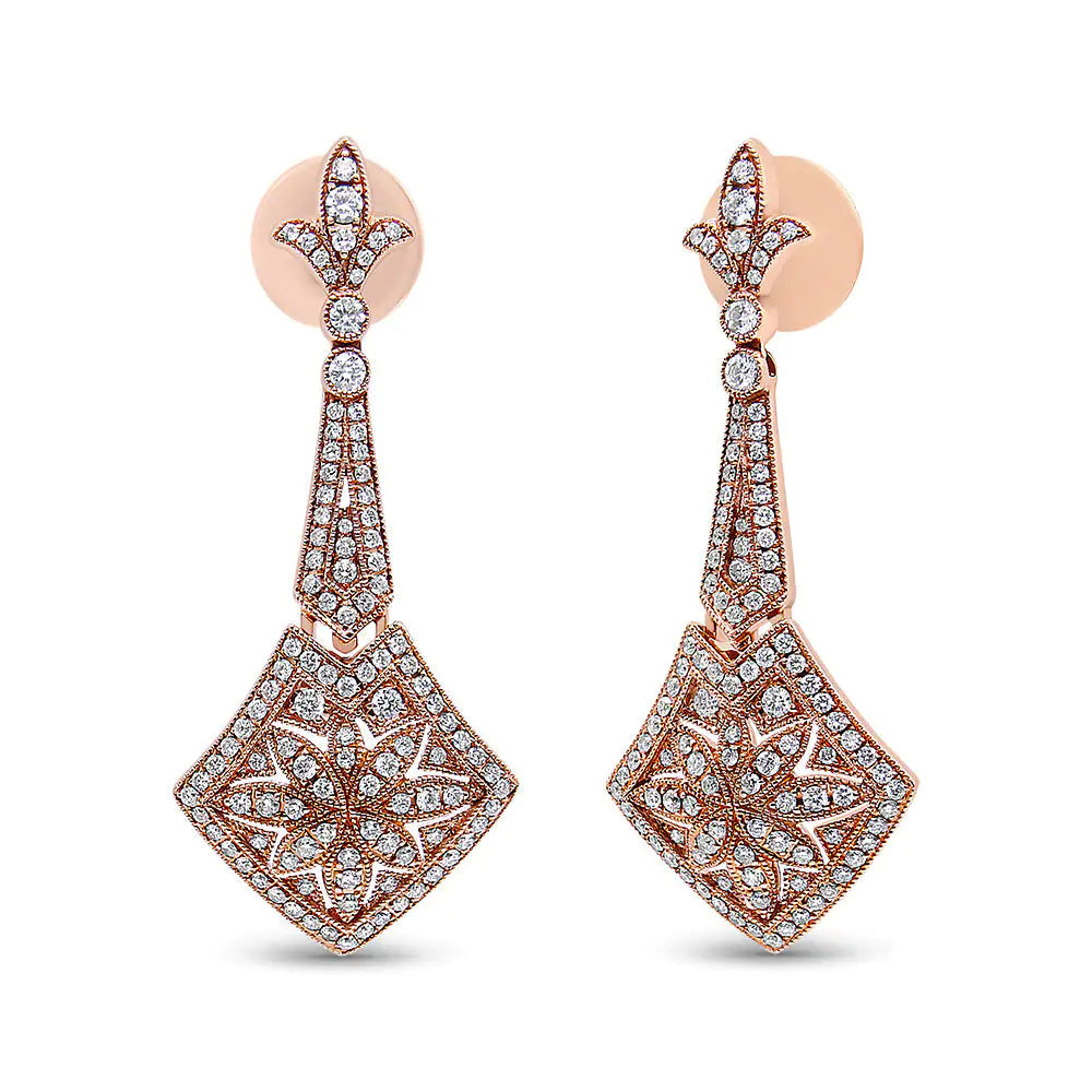 18K Rose Gold 1 1/3 Cttw Diamond Studded Fleur De Lis Trellis Style Drop and Dangle Earring (F-G Color, VS1-VS2 Clarity) WEM Support (www.WEM.support)