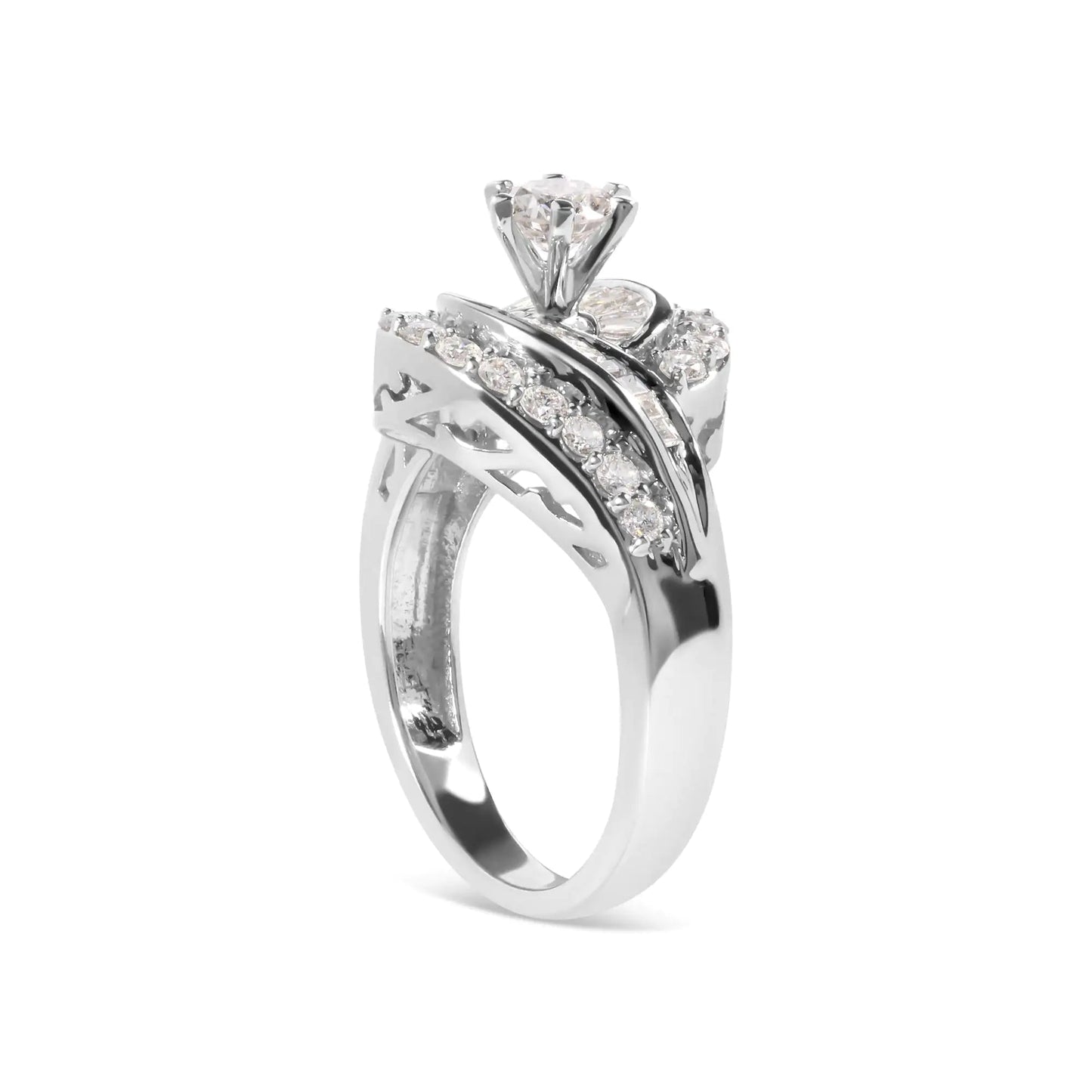 14K White Gold 1.00 Cttw Round and Baguette cut Diamond Swirl Cocktail Ring (H-I Color, SI2-I1 Clarity) WEM Support (www.WEM.support)