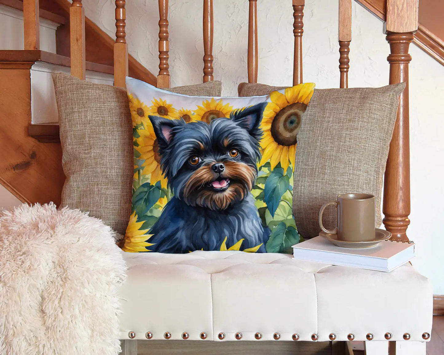 Affenpinscher in Sunflowers Throw Pillow WEM Support (www.WEM.support)