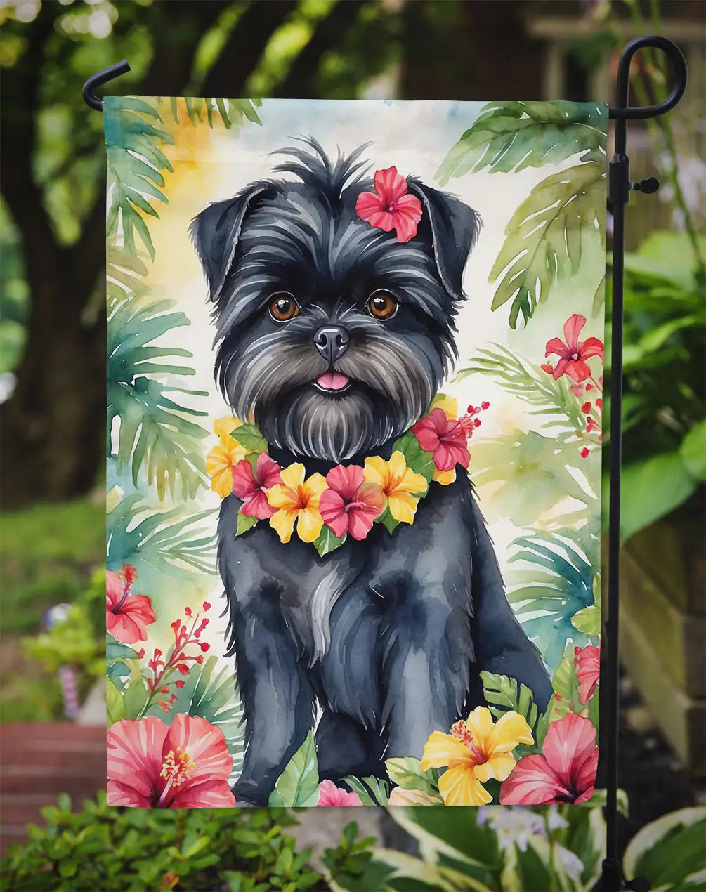 Affenpinscher Luau Garden Flag WEM Support (www.WEM.support)