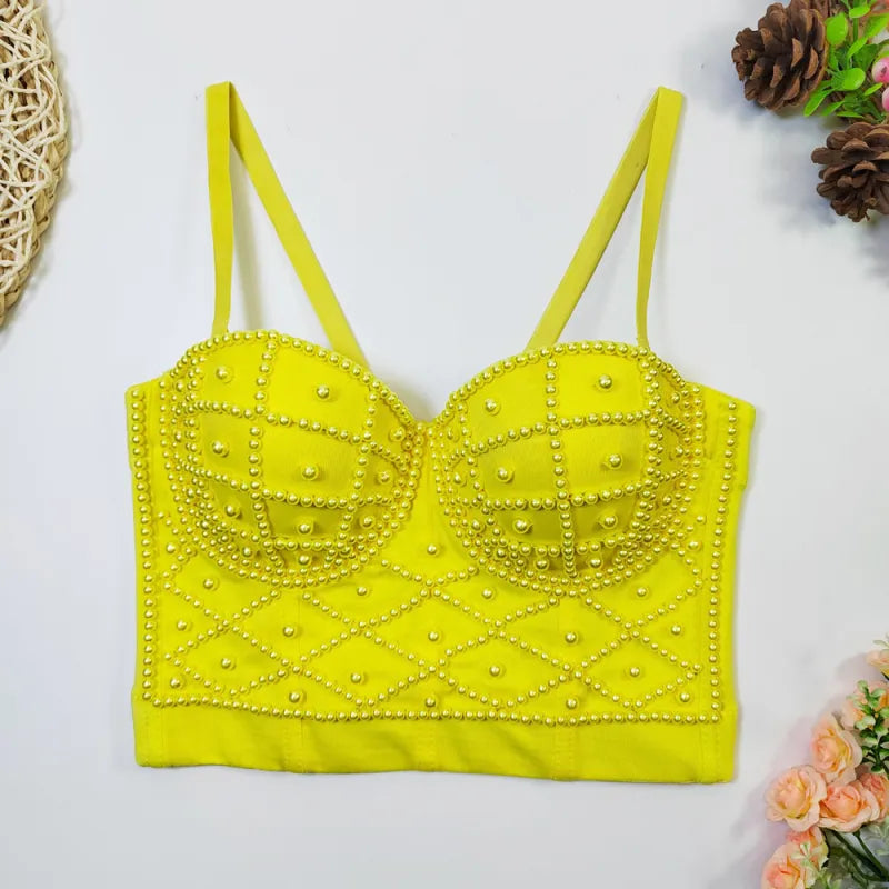 Women's Fashionable Elegant Pearl Spaghetti-strap Camisole Top With Chest Pad WEM Support (www.WEM.support)
