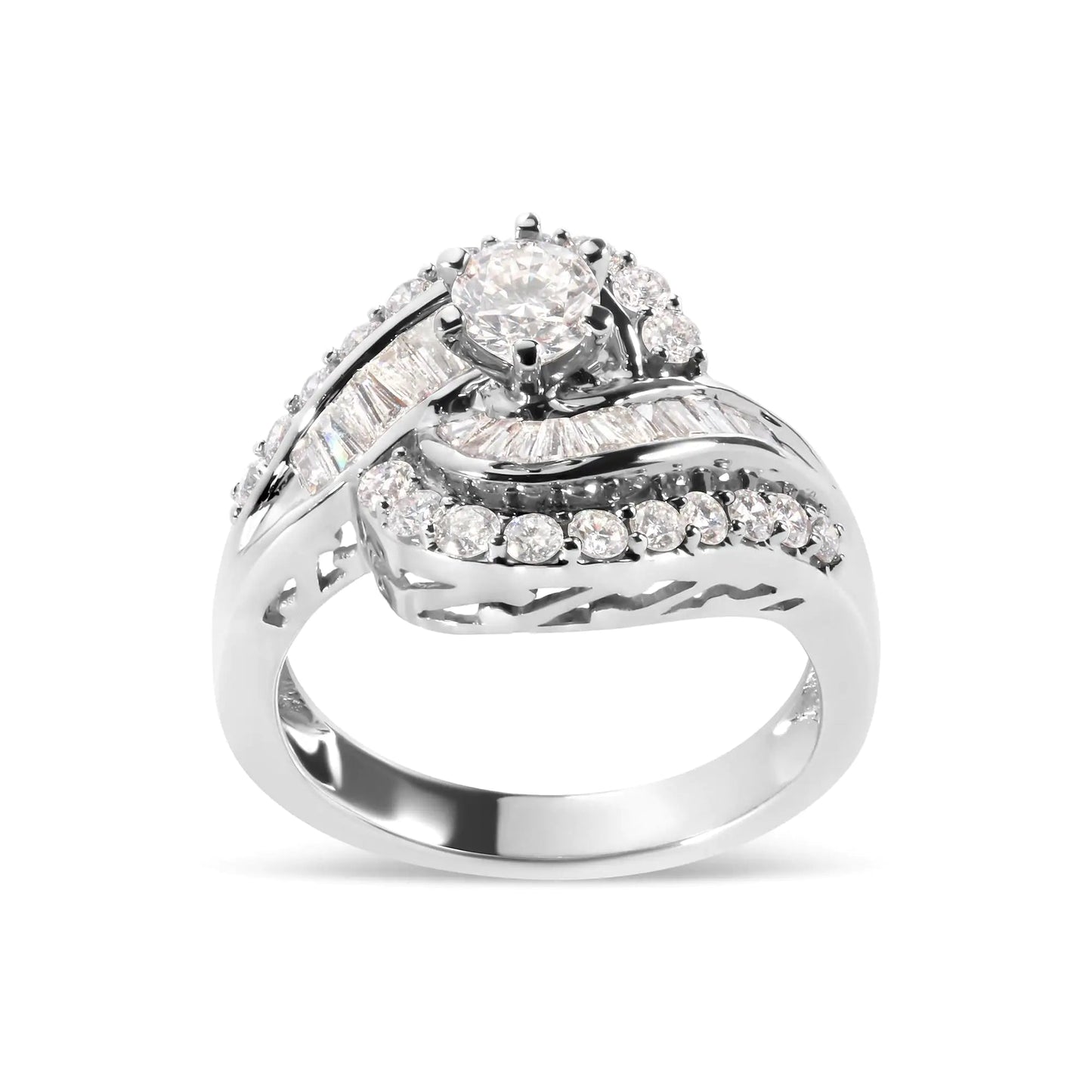 14K White Gold 1.00 Cttw Round and Baguette cut Diamond Swirl Cocktail Ring (H-I Color, SI2-I1 Clarity) WEM Support (www.WEM.support)