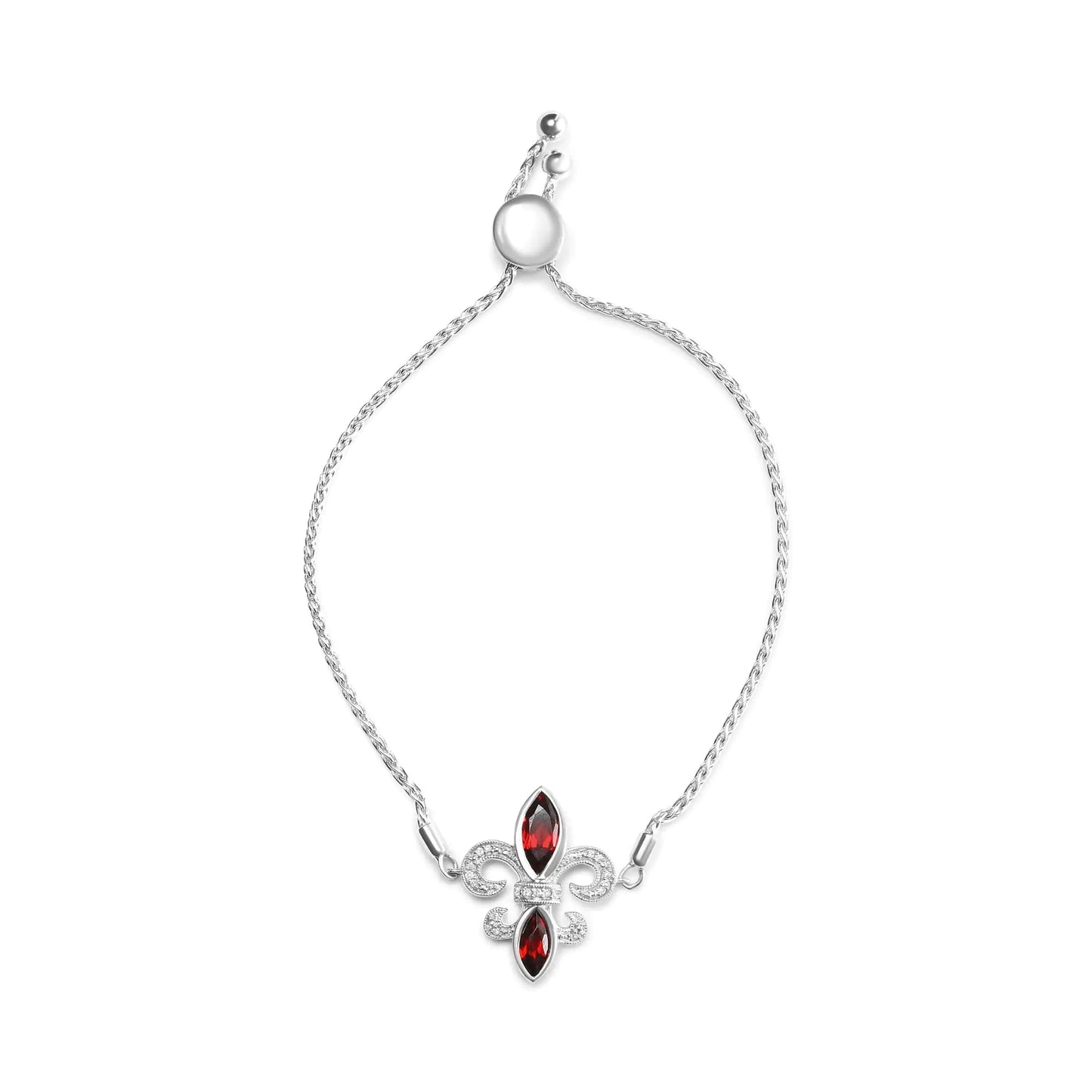 .925 Sterling Silver Marquise Garnet and Diamond Accent Lariat 4”-10” Fleur De Lis Adjustable Bolo Bracelet (H-I Color, SI1-SI2 Clarity) WEM Support (www.WEM.support)
