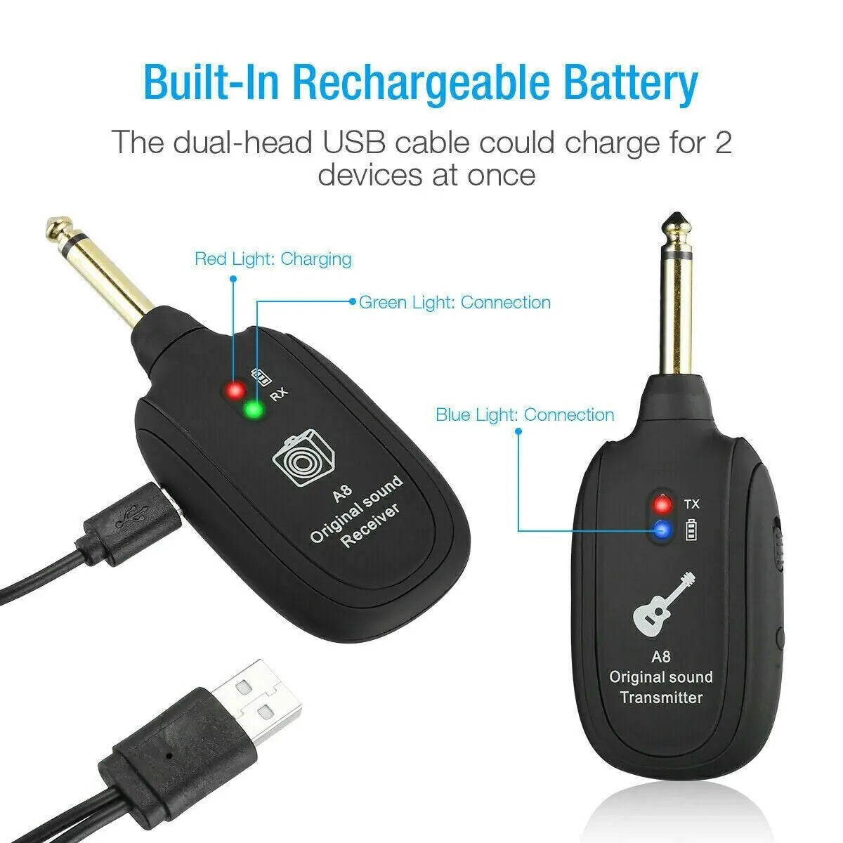 UHF Guitar Wireless System Transmitter+Receiver Built In Rechargeable Battery WEM Support (www.WEM.support)