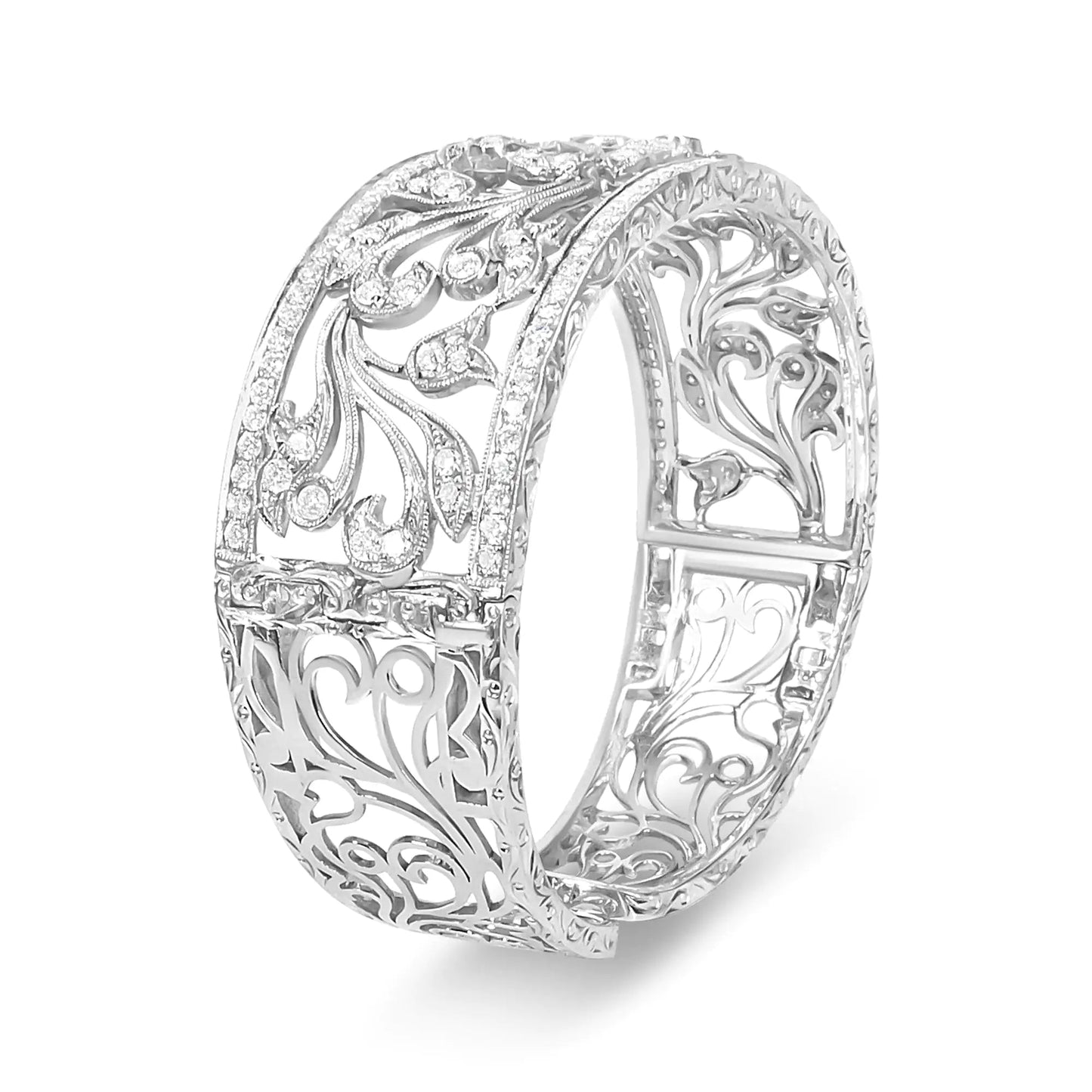18K White Gold 3 1/4 Cttw Pave Diamond Openwork Floral Filigree Swirl Bangle Cuff Bracelet (H-I Color, VS2-SI1 Clarity) WEM Support (www.WEM.support)