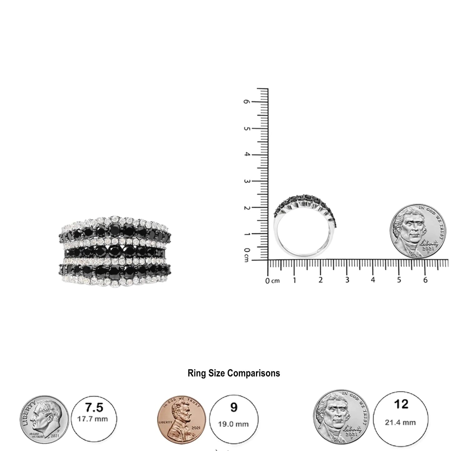 .925 Sterling Silver 1 3/4 Cttw Treated Black and White Alternating Diamond Multi Row Band Ring (Black / I-J Color, I2-I3 Clarity) WEM Support (www.WEM.support)