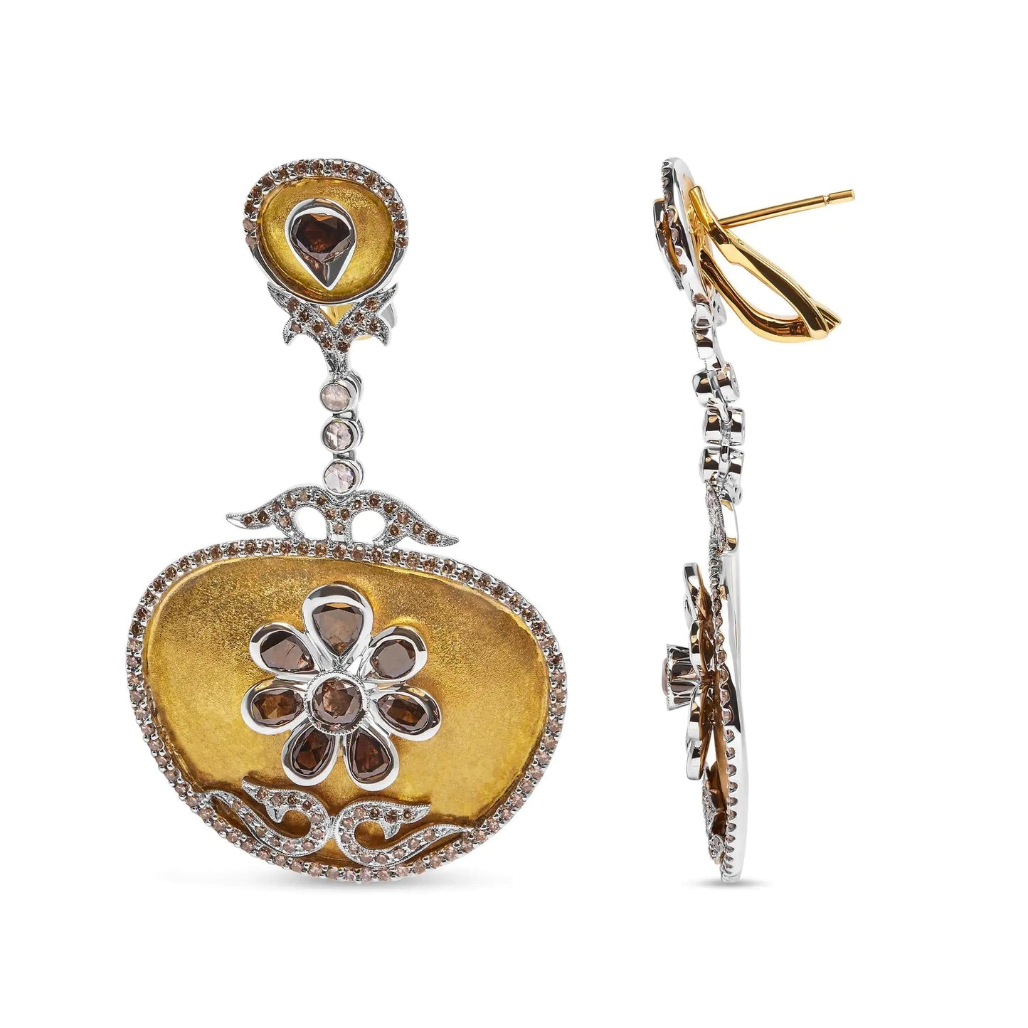 14K White and Yellow Gold 5 1/4 Cttw Rose Cut Diamond Matte Finished Medallion Dangle Earring (Fancy Color, I1-I2 Clarity) WEM Support (www.WEM.support)