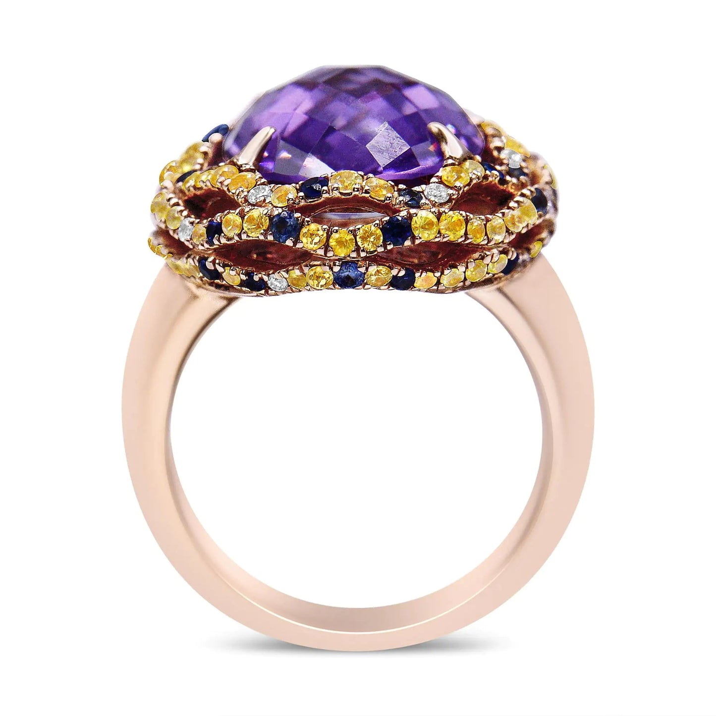 18K Yellow and Rose Gold Claw Prong Set Checkerboard Cut Purple Amethyst, Blue & Yellow Sapphire, Diamond Accent Cocktail Ring Band (F-G Color, VS1-VS2 Clarity) WEM Support (www.WEM.support)