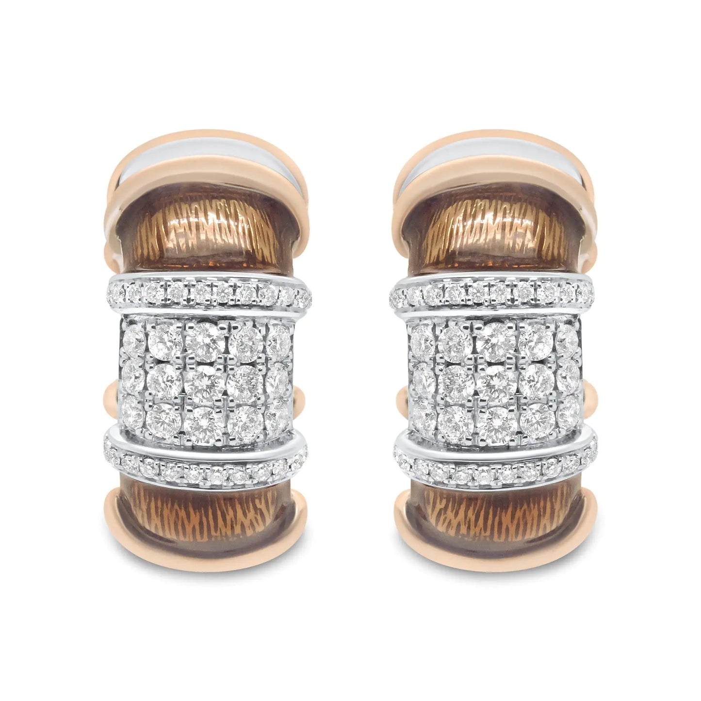 18K White and Rose Gold Flash Plated .925 Sterling Silver Clear Brown Enamel 1/6 Cttw Round Diamond Huggie Hoop Earrings (F-G Color, VS1-VS2 Clarity) WEM Support (www.WEM.support)