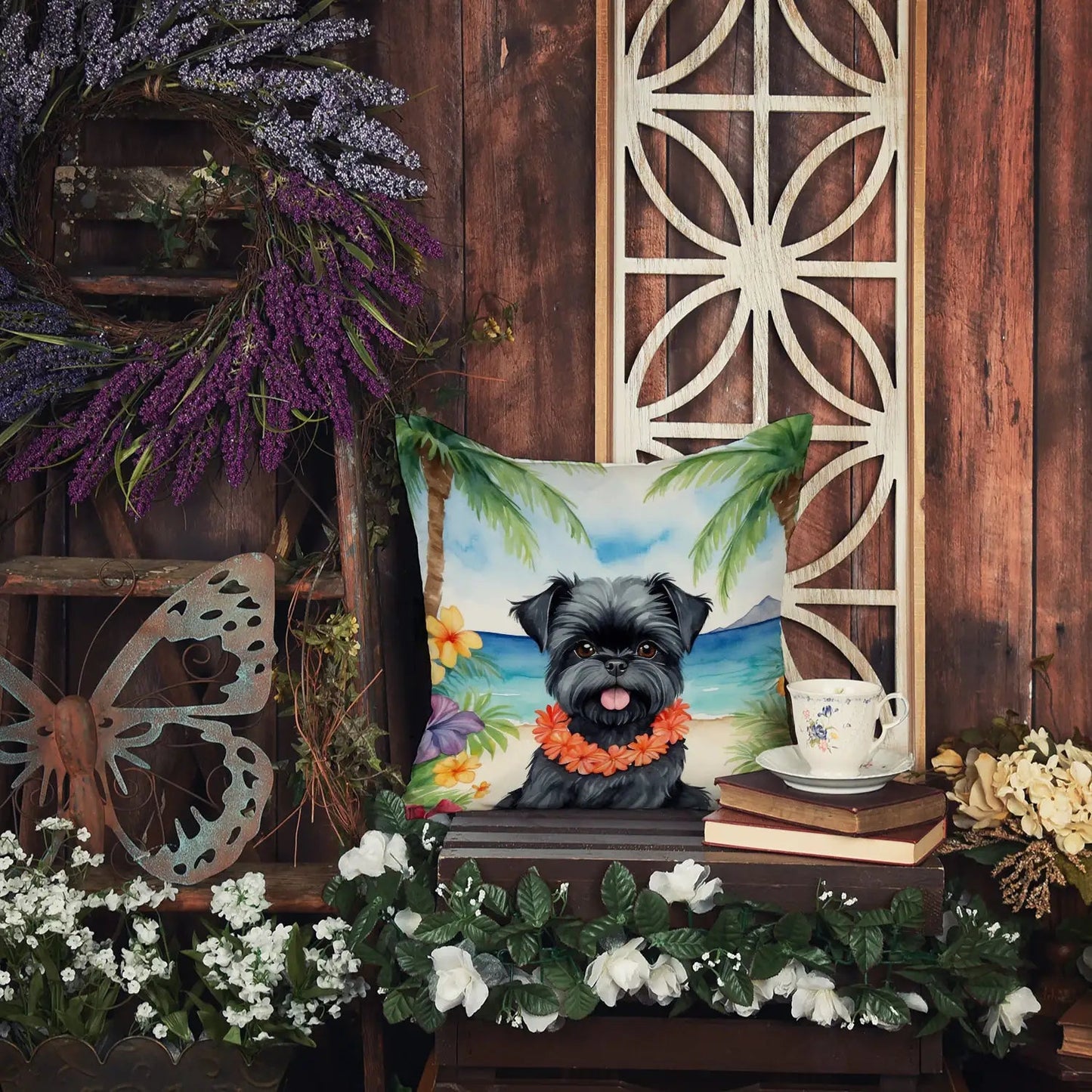 Affenpinscher Luau Throw Pillow WEM Support (www.WEM.support)