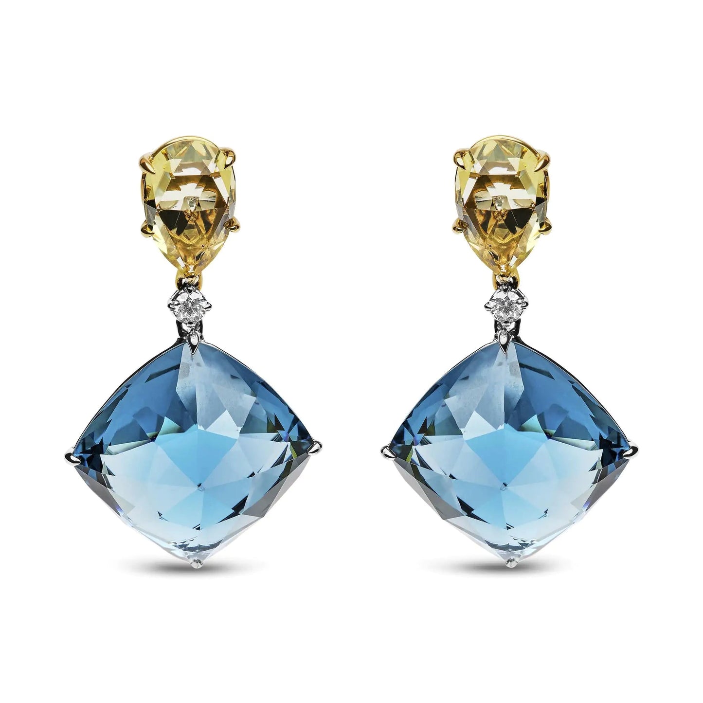 18K White and Yellow Gold 1/5 Cttw Diamond with Pear Cut Lemon Quartz, and Cushion Cut London Blue Topaz Gemstone Dangle Earring (G-H Color, SI1-SI2 Clarity) WEM Support (www.WEM.support)