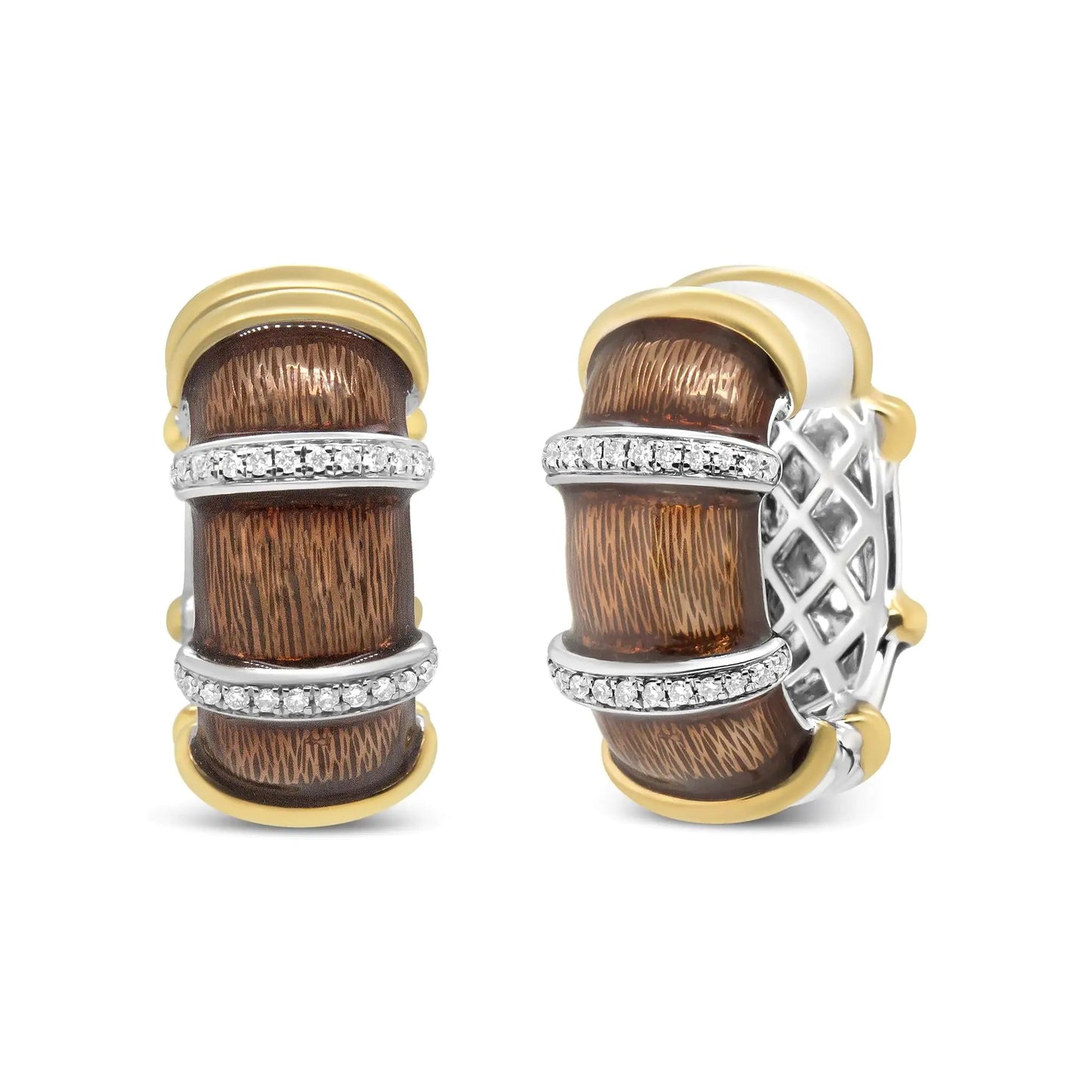 18K Yellow and White Gold Flash Plated .925 Sterling Silver Clear Brown Enamel 9/10 Cttw Round Diamonds Huggie Hoop Earrings (F-G Color, VS1-VS2 Clarity) WEM Support (www.WEM.support)