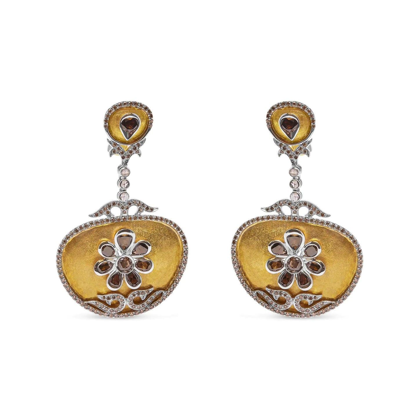 14K White and Yellow Gold 5 1/4 Cttw Rose Cut Diamond Matte Finished Medallion Dangle Earring (Fancy Color, I1-I2 Clarity) WEM Support (www.WEM.support)