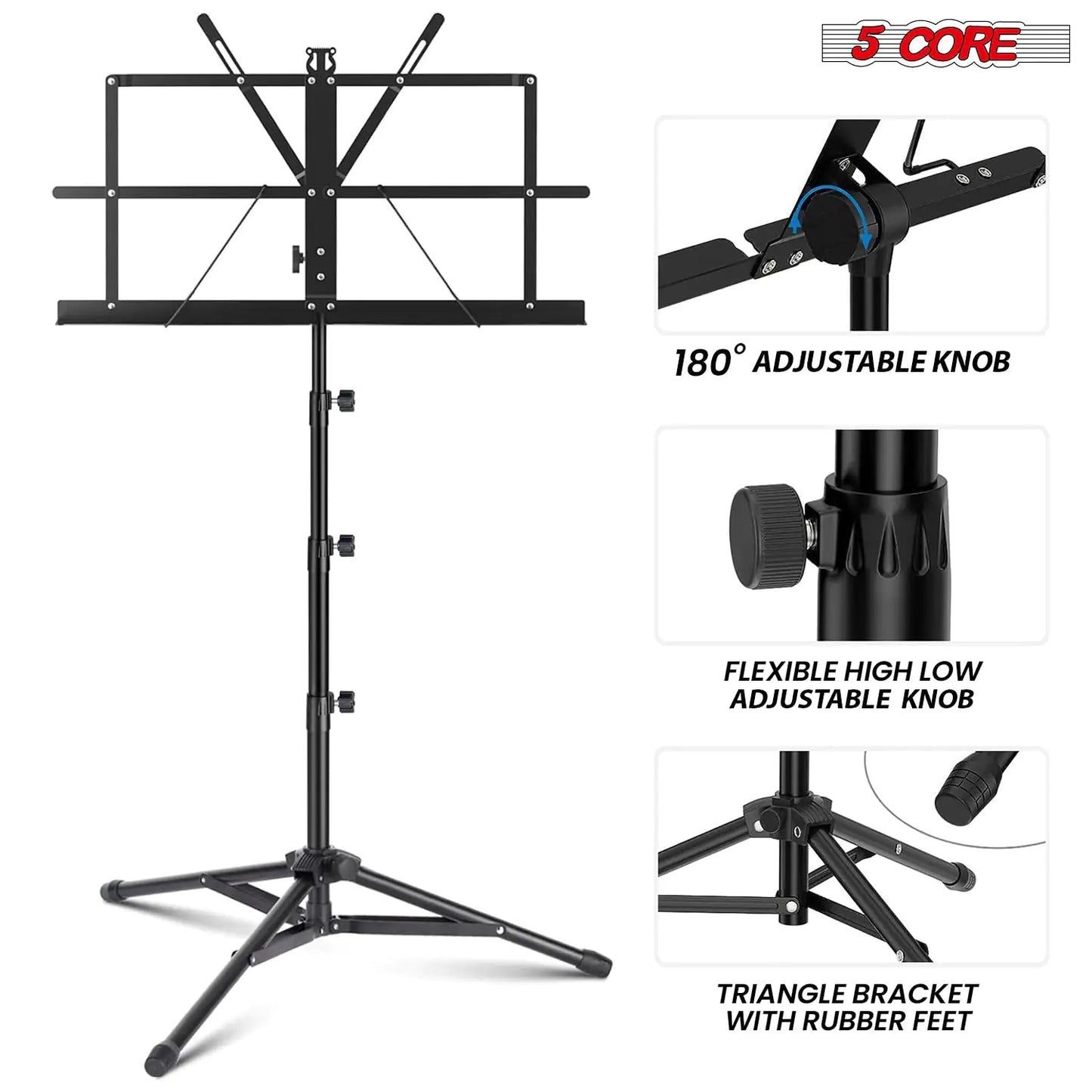 Suporte de Música 5Core Para Partituras Portátil Tripé Ajustável Dobrável com Luz Suporte para Notas PRETO WEM Support (www.WEM.support)
