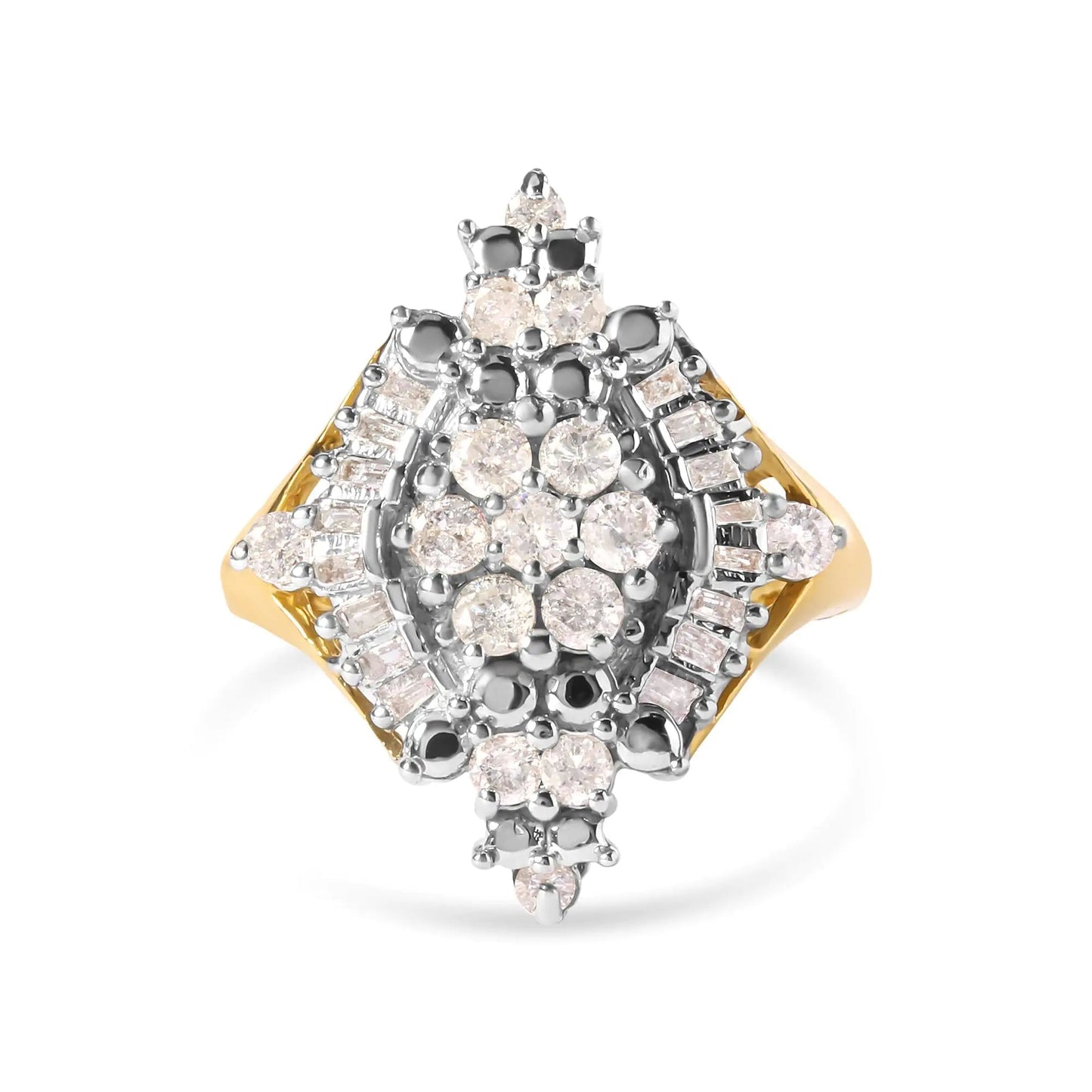 10K Yellow Gold 1 Cttw Round and Baguette cut Diamond Cluster and Rhombus Halo Ring (H-I Color, I1-I2 Clarity) WEM Support (www.WEM.support)