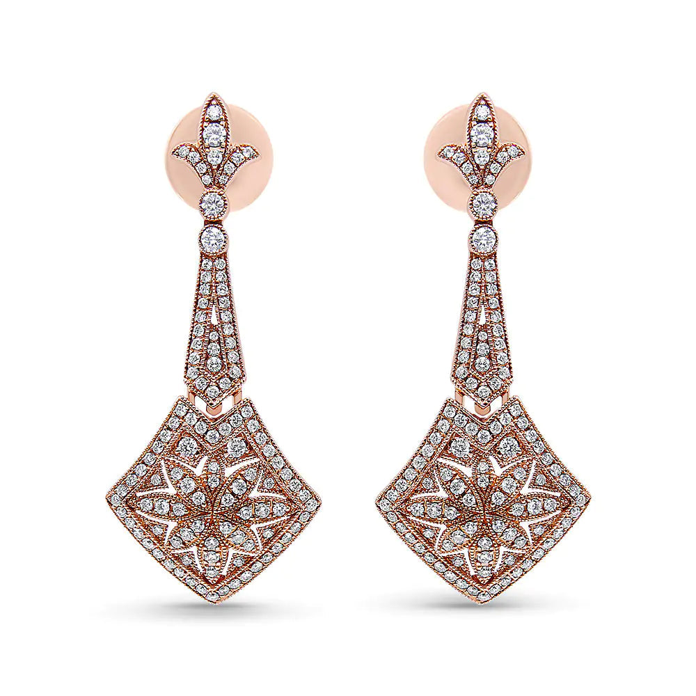 18K Rose Gold 1 1/3 Cttw Diamond Studded Fleur De Lis Trellis Style Drop and Dangle Earring (F-G Color, VS1-VS2 Clarity) WEM Support (www.WEM.support)