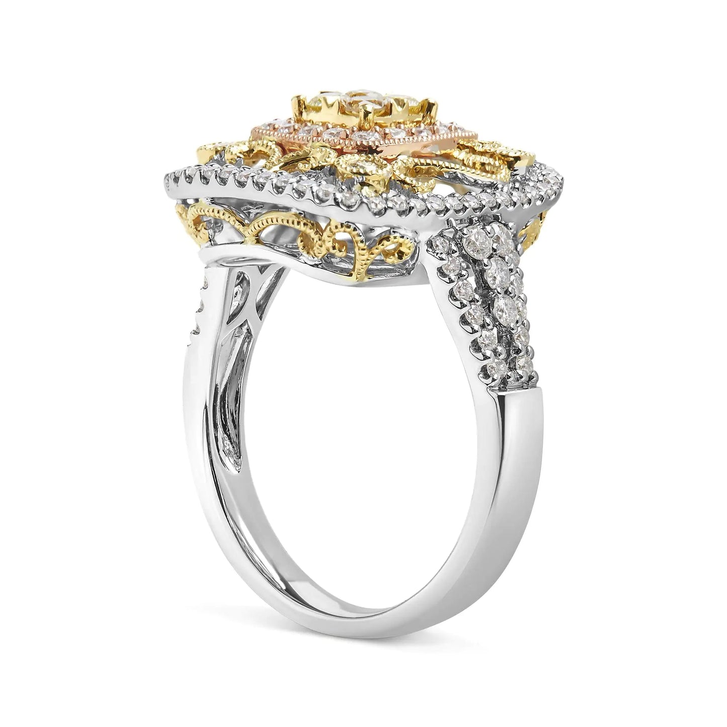 14K Tri-Toned Gold 1.00 Cttw Yellow Diamond Halo and Milgrain Cocktail Cluster Ring (Yellow/G-H Color, SI1-SI2 Clarity) - Ring Size 7 WEM Support (www.WEM.support)