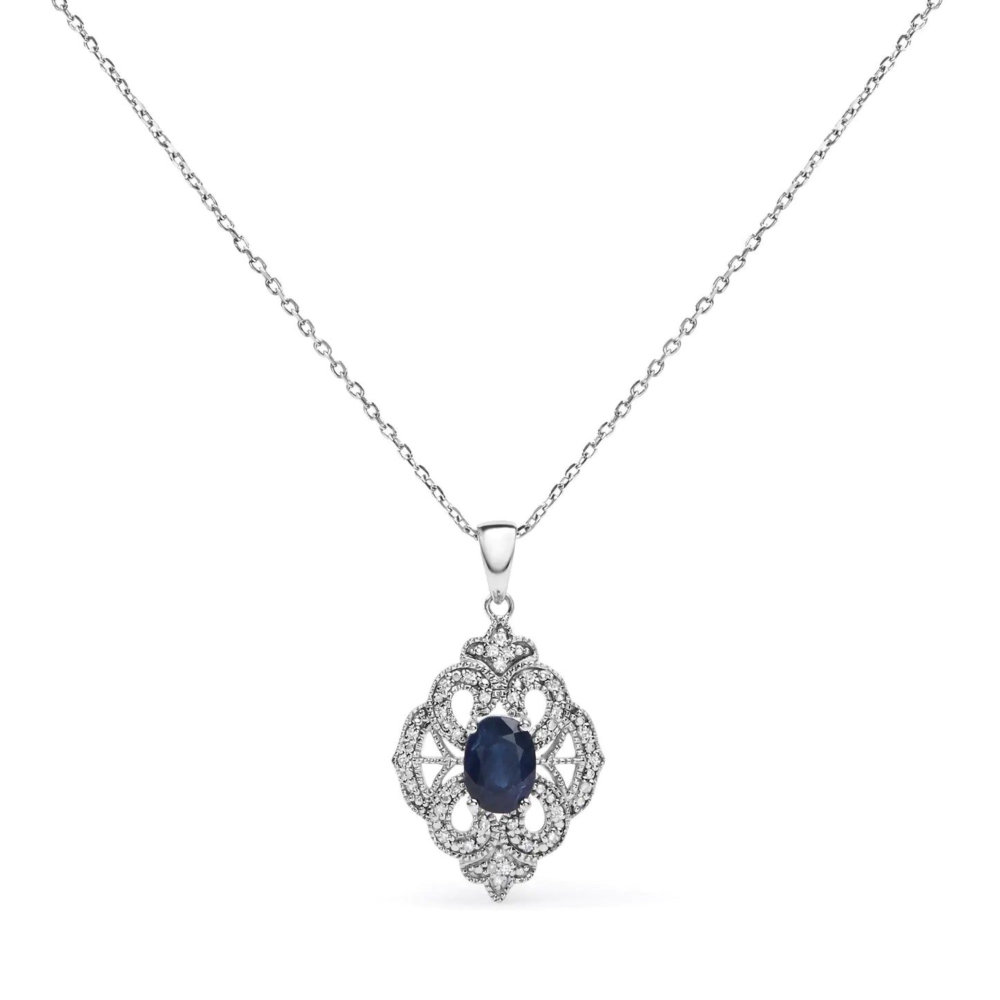 .925 Sterling Silver 7x5 MM Oval Blue Sapphire and Diamond Accent Art Deco Style Shield Shaped 18" Pendant Necklace (I-J Color, I3 Clarity) WEM Support (www.WEM.support)