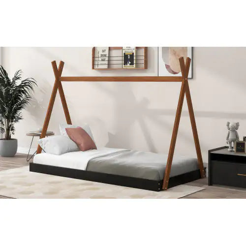 Twin Size Tent Floor Bed With Triangle Structure, Black Brown WEM Support (www.WEM.support)