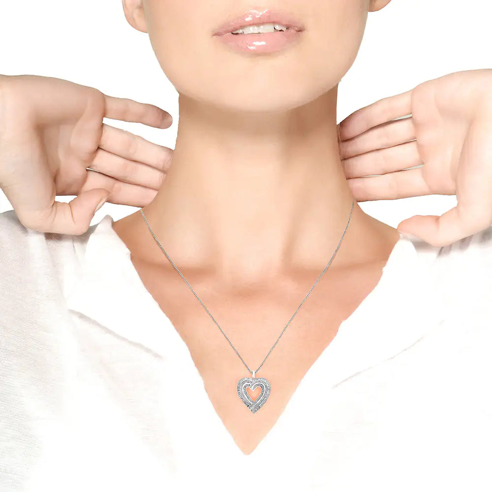 .925 Sterling Silver 1 1/4 Cttw Round and Baguette-Cut Diamond Composite Heart 18" Pendant Necklace (I-J Color, I1-I2 Clarity) WEM Support (www.WEM.support)