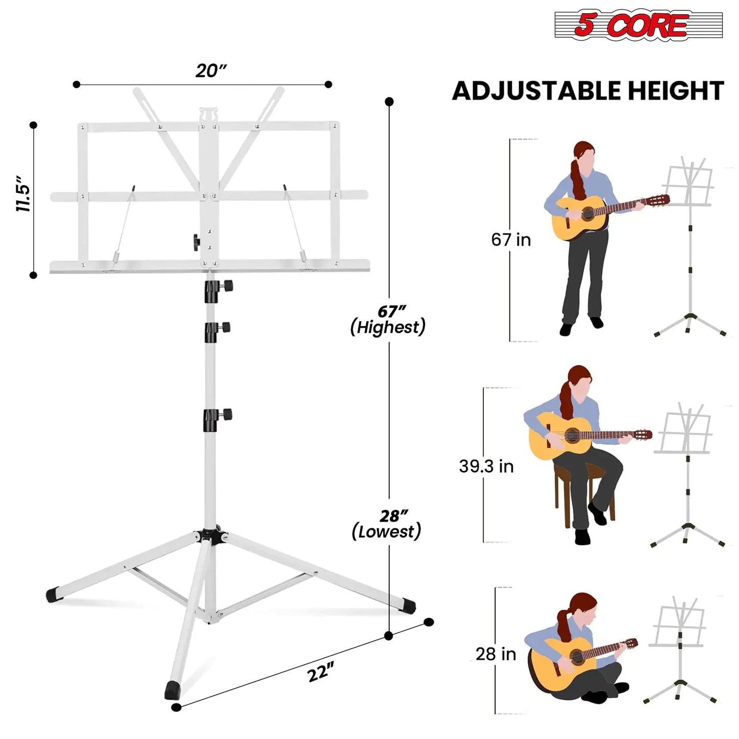 Suporte de Música 5Core para Partituras Portátil Tripé Ajustável Dobrável com Luz Branca WEM Support (www.WEM.support)