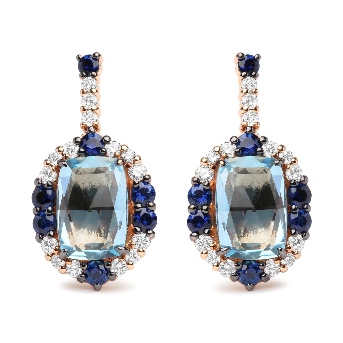 18K White and Rose Gold and 3/4 Cttw Diamond with Round Blue Sapphire and 13x8mm Cushion Cut Sky Blue Topaz Gemstone Cluster Dangle Earrings (G-H Color, SI1-SI2 Clarity) WEM Support (www.WEM.support)
