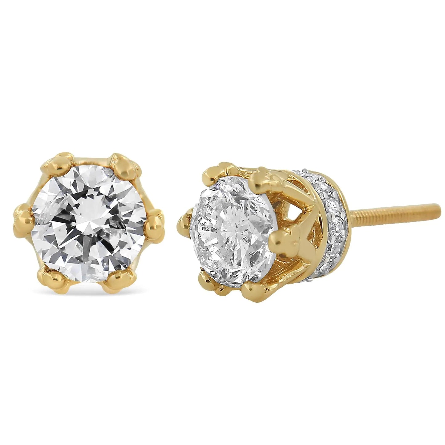 14K Yellow Gold 2.0 Cttw Round Diamond Crown Stud Earrings (I-J Color, I1-I2 Clarity) WEM Support (www.WEM.support)