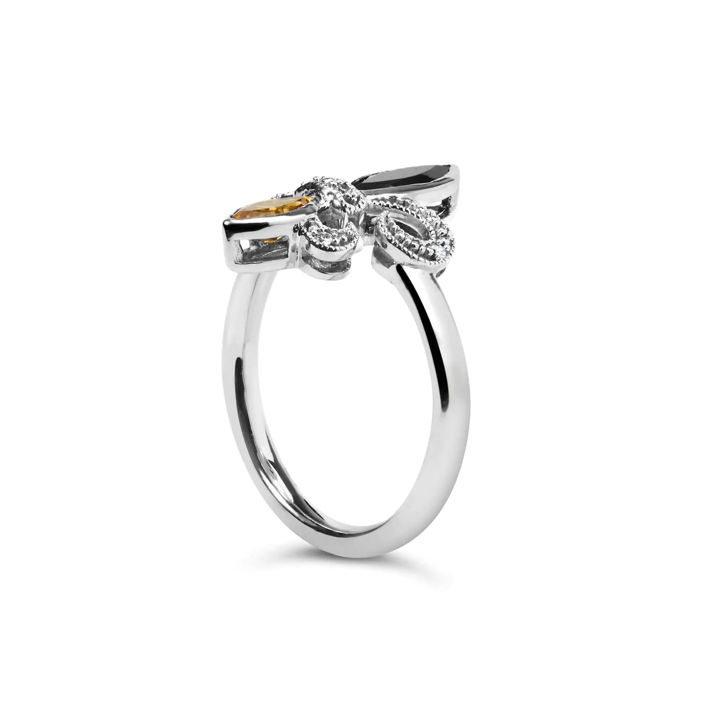 .925 Sterling Silver Black Onyx and Yellow Citrine Marquise and Diamond Accent Fleur De Lis Ring (H-I Color, SI1-SI2 Clarity) WEM Support (www.WEM.support)