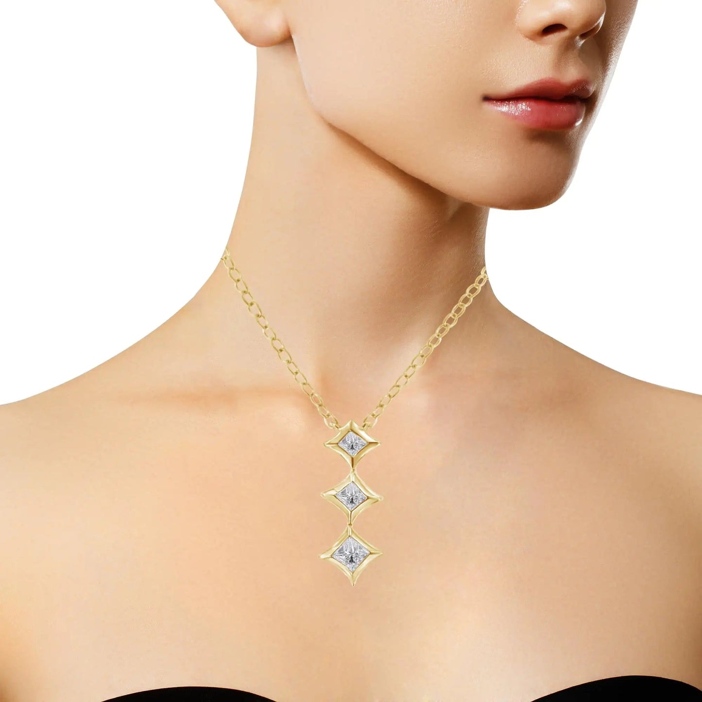 10K Gold 1/5 Cttw Princess Cut Diamond 3 Stone Drop 18" Pendant Necklace (H-I Color, SI2-I1 Clarity) WEM Support (www.WEM.support)