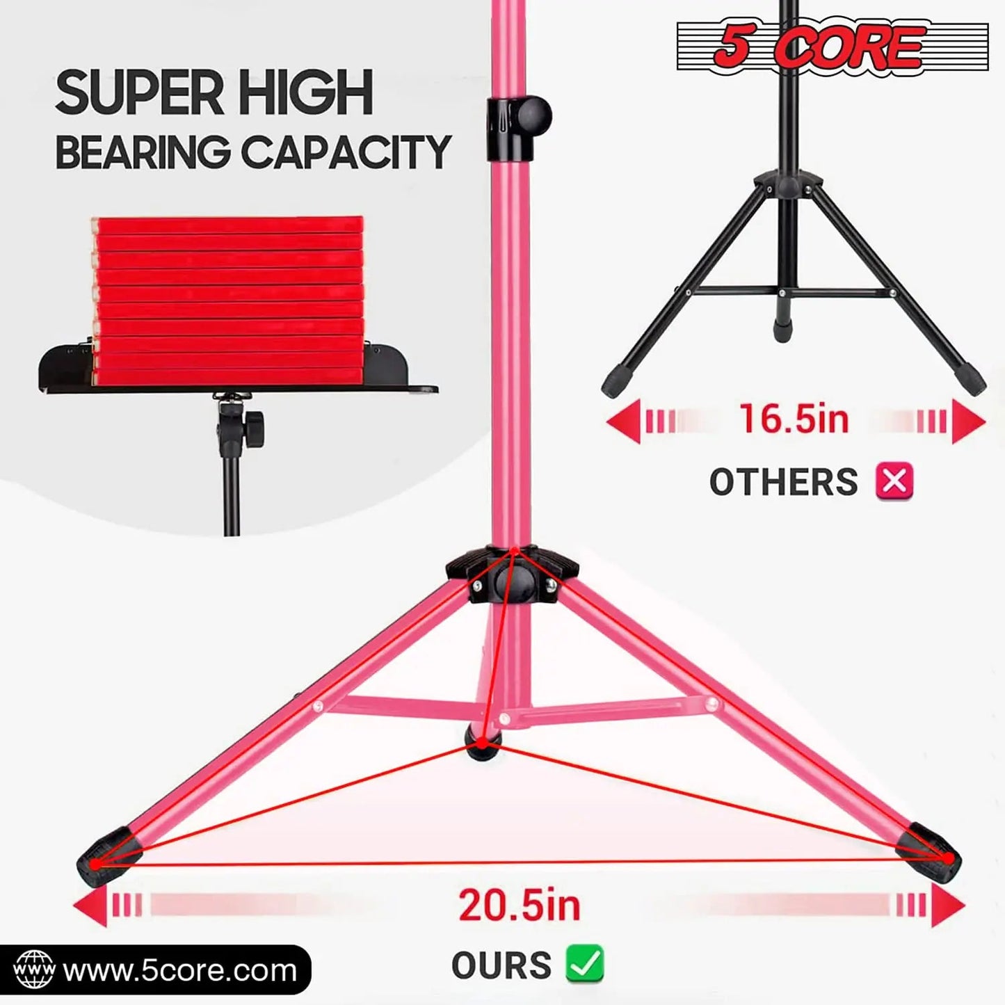 Suporte para Música 5Core para Partituras, Tripé Portátil Ajustável e Dobrável, Suporte para Notas, ROSA WEM Support (www.WEM.support)