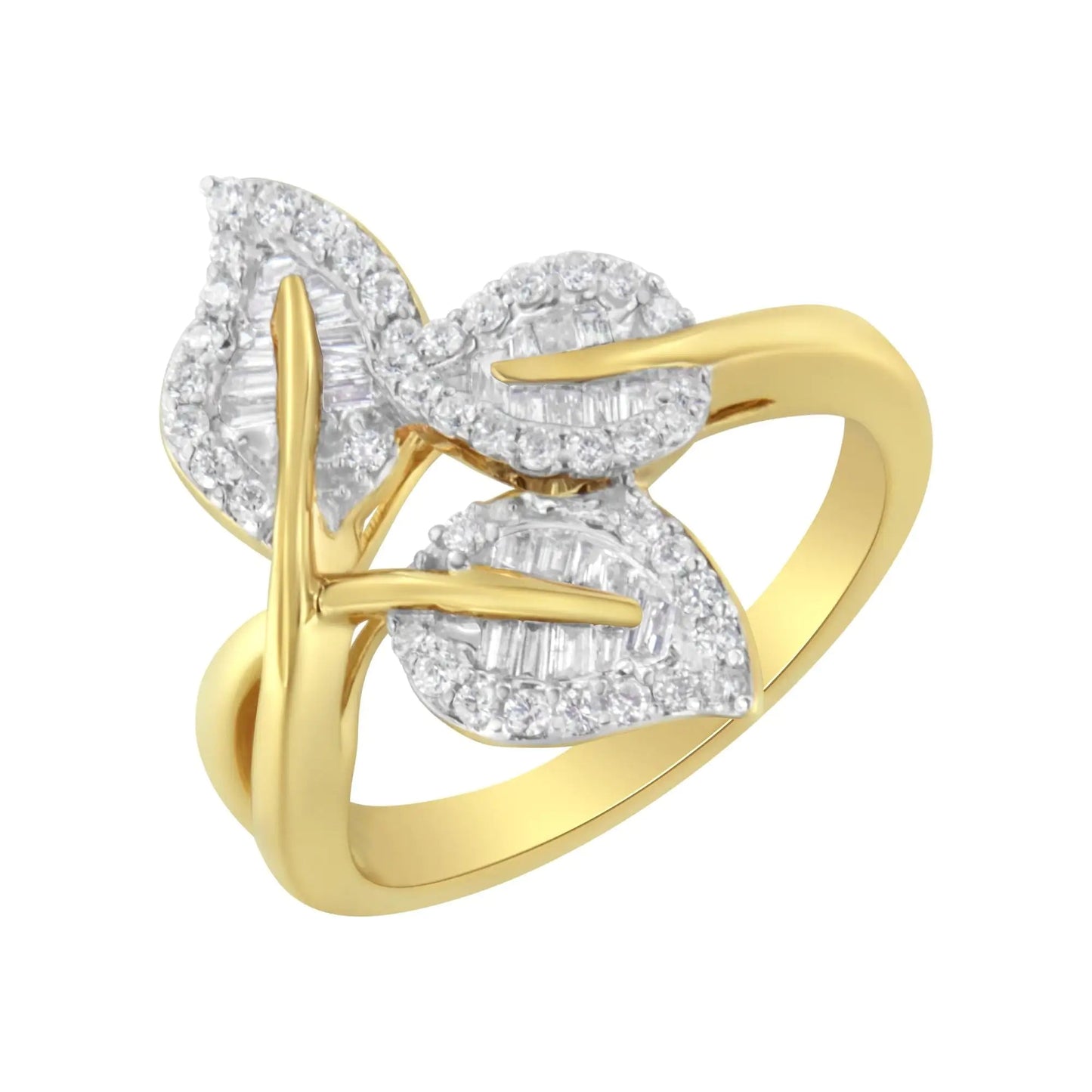 10k Yellow and White Gold 1/2 Cttw Baguette and Round Diamond Bypass Triple Leaf Ring (I-J Color, I1-I2 Clarity) WEM Support (www.WEM.support)