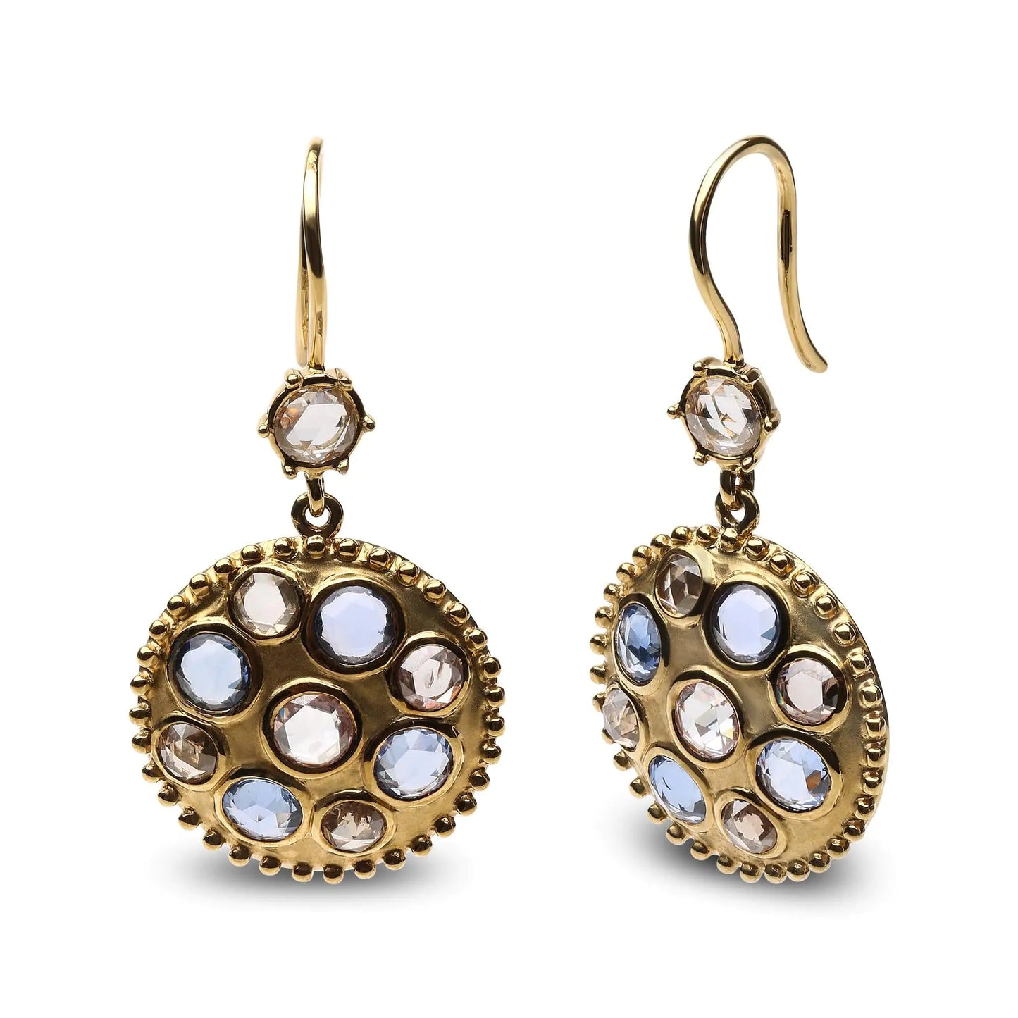 18K Yellow Gold 1 2/3 Cttw Diamond and Blue Sapphire Bezel Set Gemstone Cluster Medallion Dangle Earrings (Brown and G-H Color, SI1-SI2 Clarity) WEM Support (www.WEM.support)