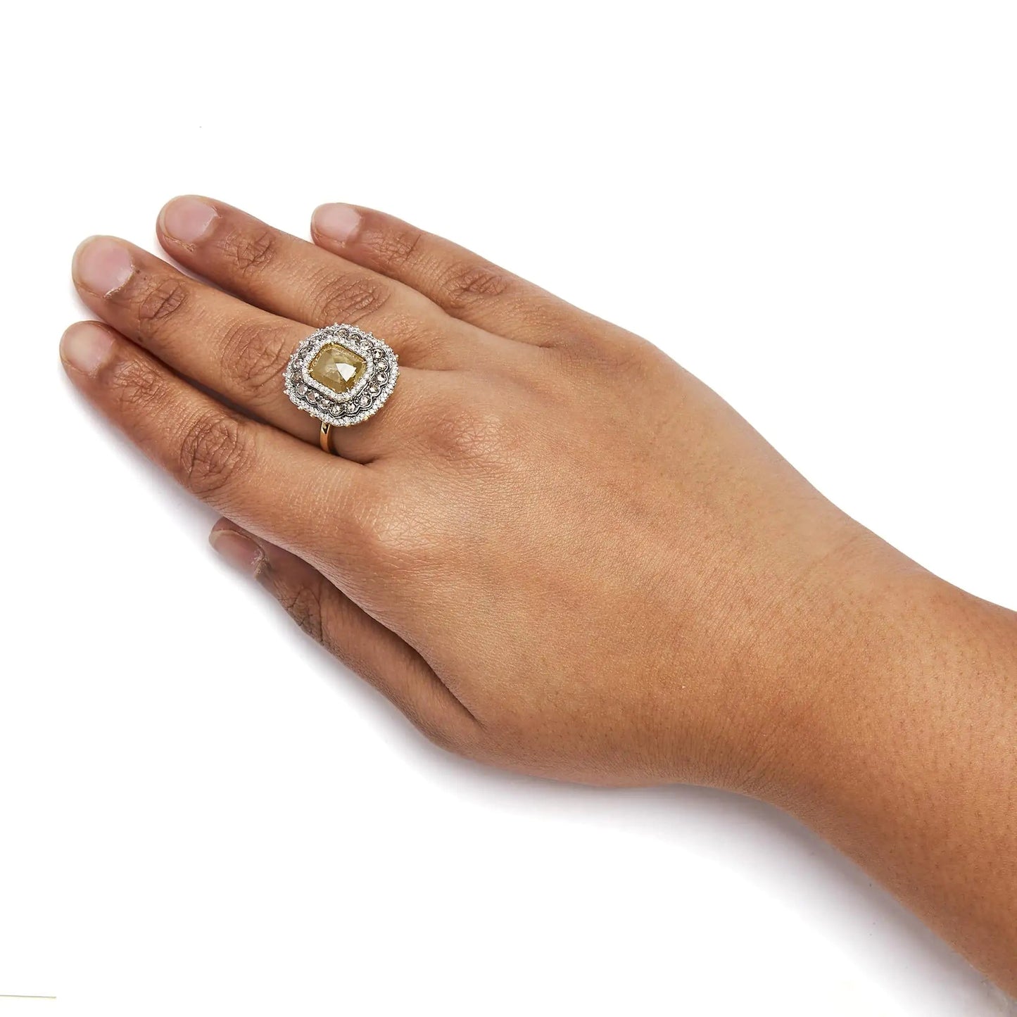 14K Yellow Gold 4 1/4 Cttw Rose Cut Emerald Diamond Triple Halo Cocktail Ring (Fancy Color, I1-I2 Clarity) - Size 7 WEM Support (www.WEM.support)