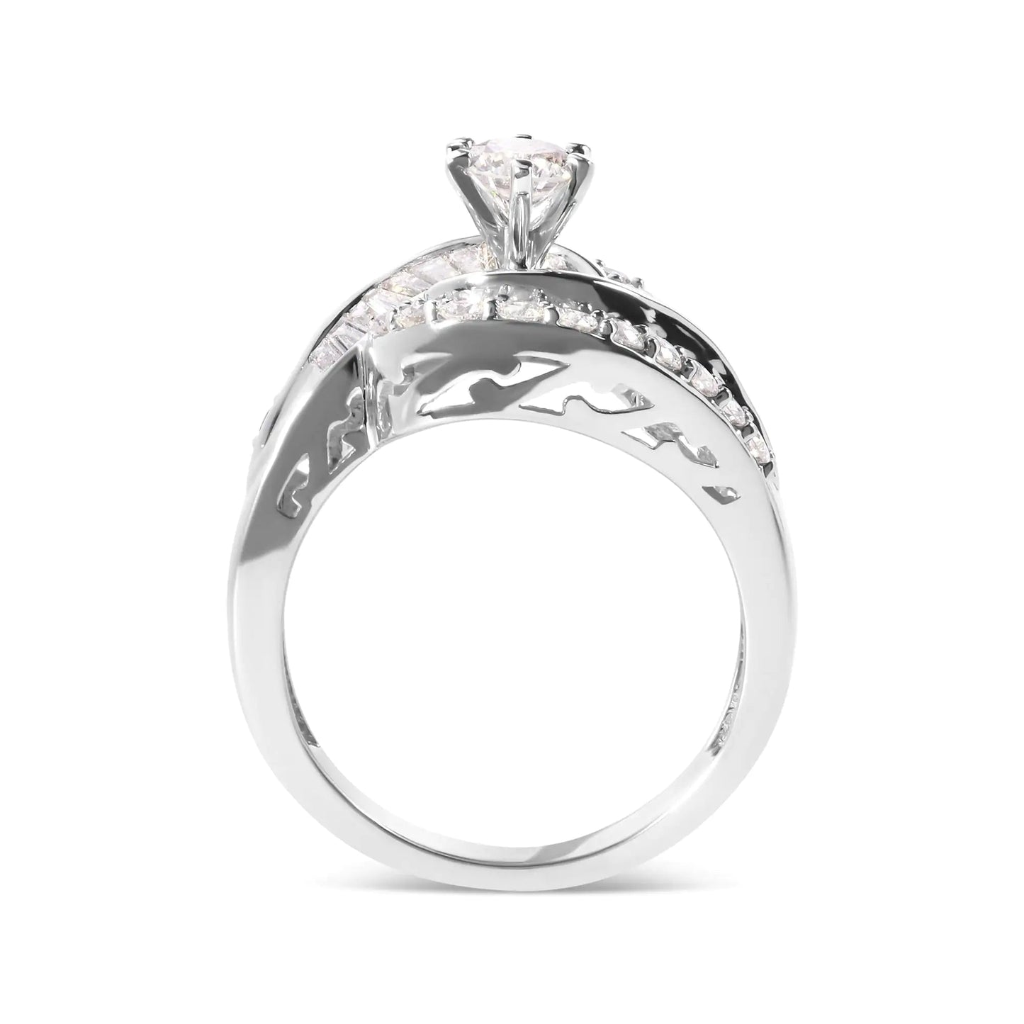 14K White Gold 1.00 Cttw Round and Baguette cut Diamond Swirl Cocktail Ring (H-I Color, SI2-I1 Clarity) WEM Support (www.WEM.support)