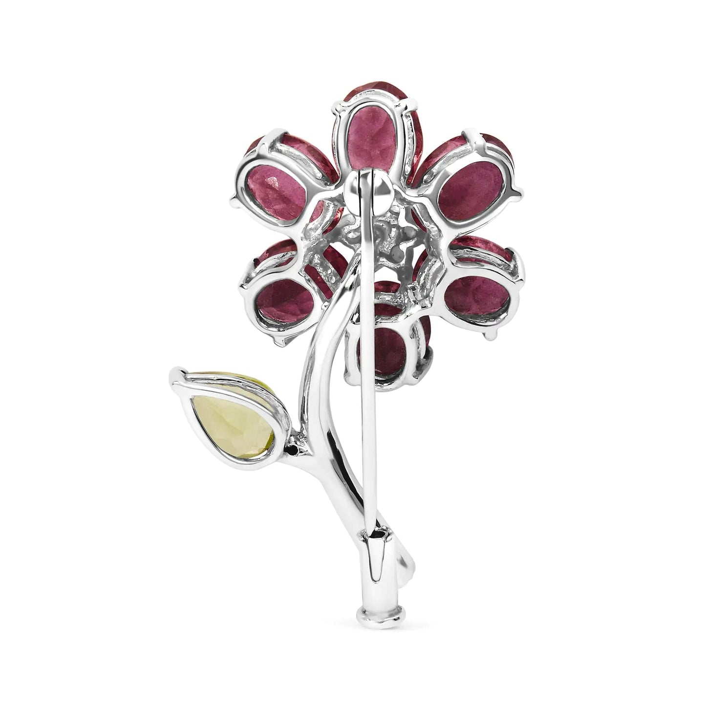 18K White Gold 1/3 Cttw Diamond, Pink Tourmaline, and Green Peridot Flower and Leaf Tulip Brooch Pin (H-I Color, VS2-SI1) WEM Support (www.WEM.support)